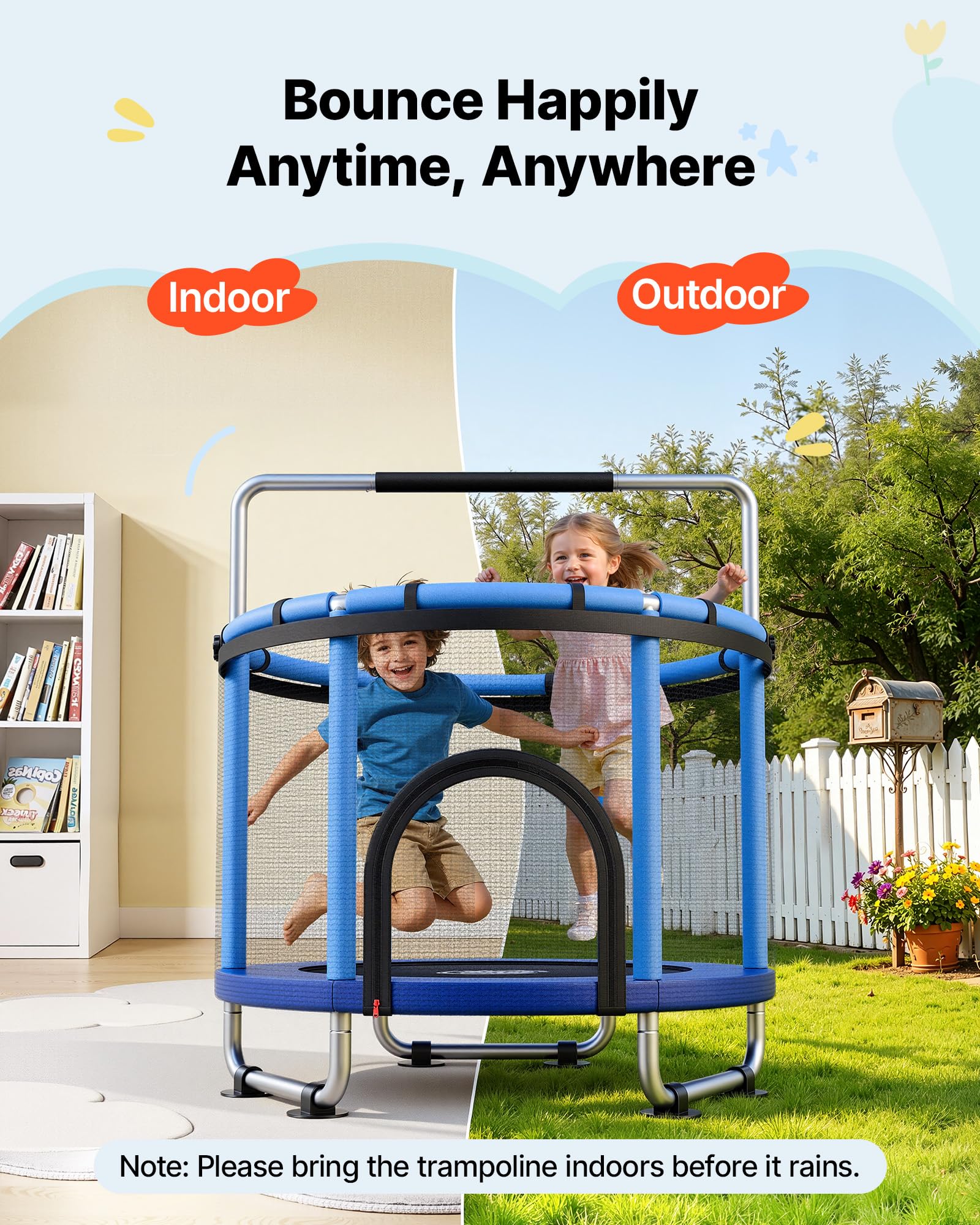 VEVOR Trampolino Elastico per Bambini Rete Protezione 142 cm Carico 60 kg, Trampolino Giocattolo Esercizio Divertimento per Bambini da Interno Esterno Barra Regolabile Tappeto Integrato in PP