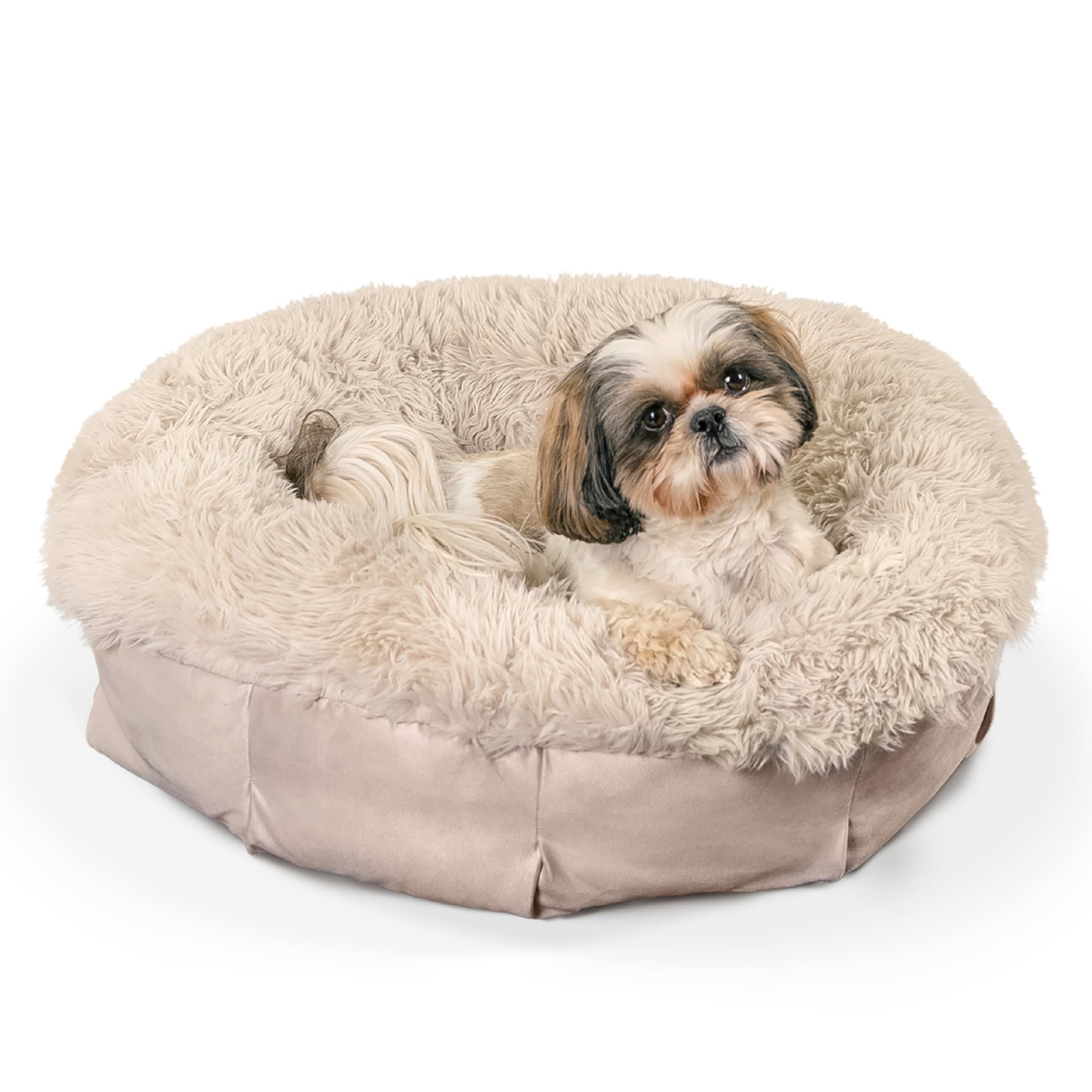 Best Friends by Sheri Ultra Calming Pouf Bed, Orthopedic Round Dog Bed for Joint Support, Faux Fur, Washable Cover, Tan, Small, 23
