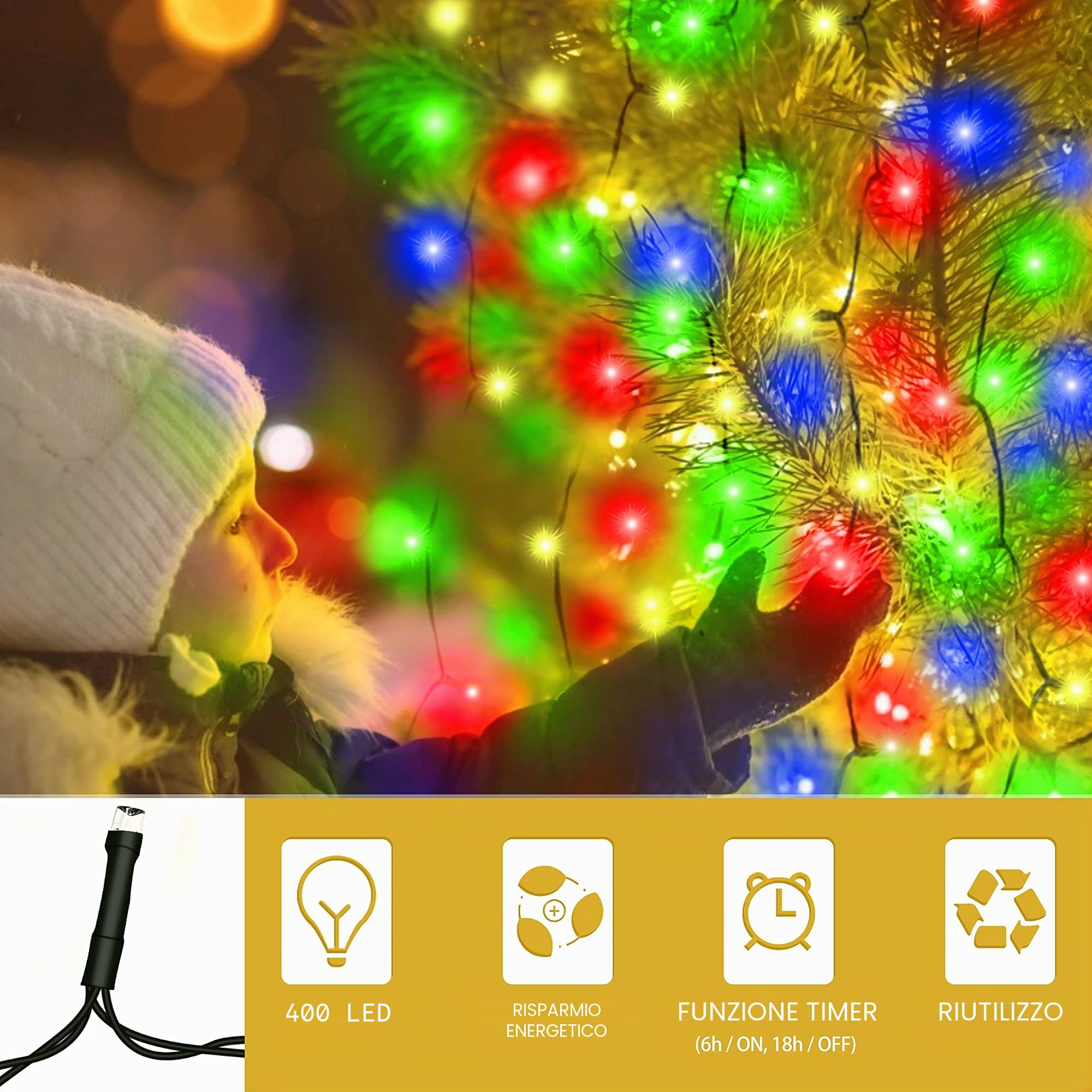 luci dell'albero di Natale 400 LED con timer, luci di stringa di Natale con anello 16 stringhe, tenda di Natale Fairy Tree Light 8 modalità per Xmas Abete pino festa decorazione, colorato