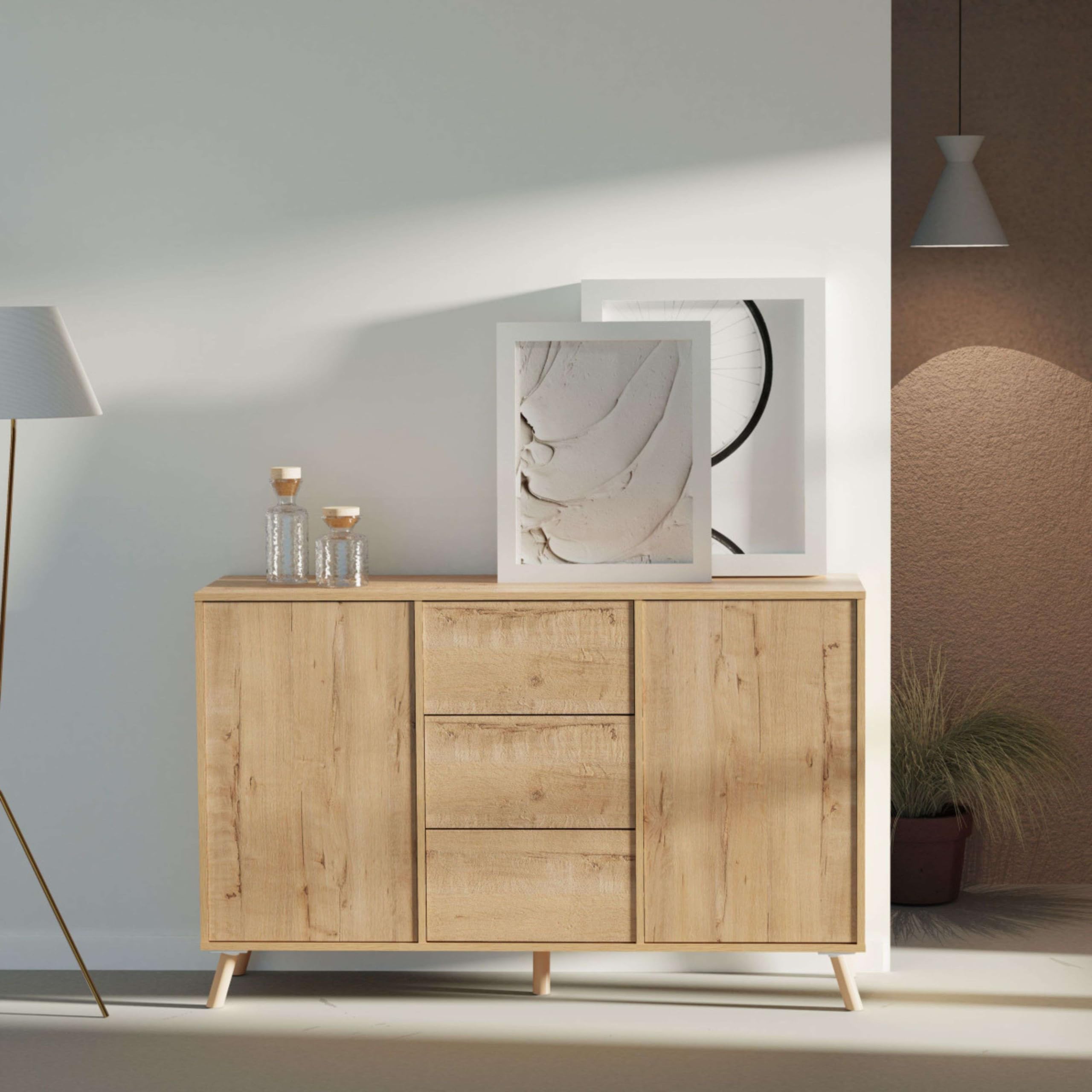 Muebles Pitarch | Aparador salone da pranzo, buffet, mobile ausiliario, 2 ante e 3 cassetti, rovere gold, 89x140x40 cm, dispensa, cucina, ufficio, moderno nordico, modello Oslo