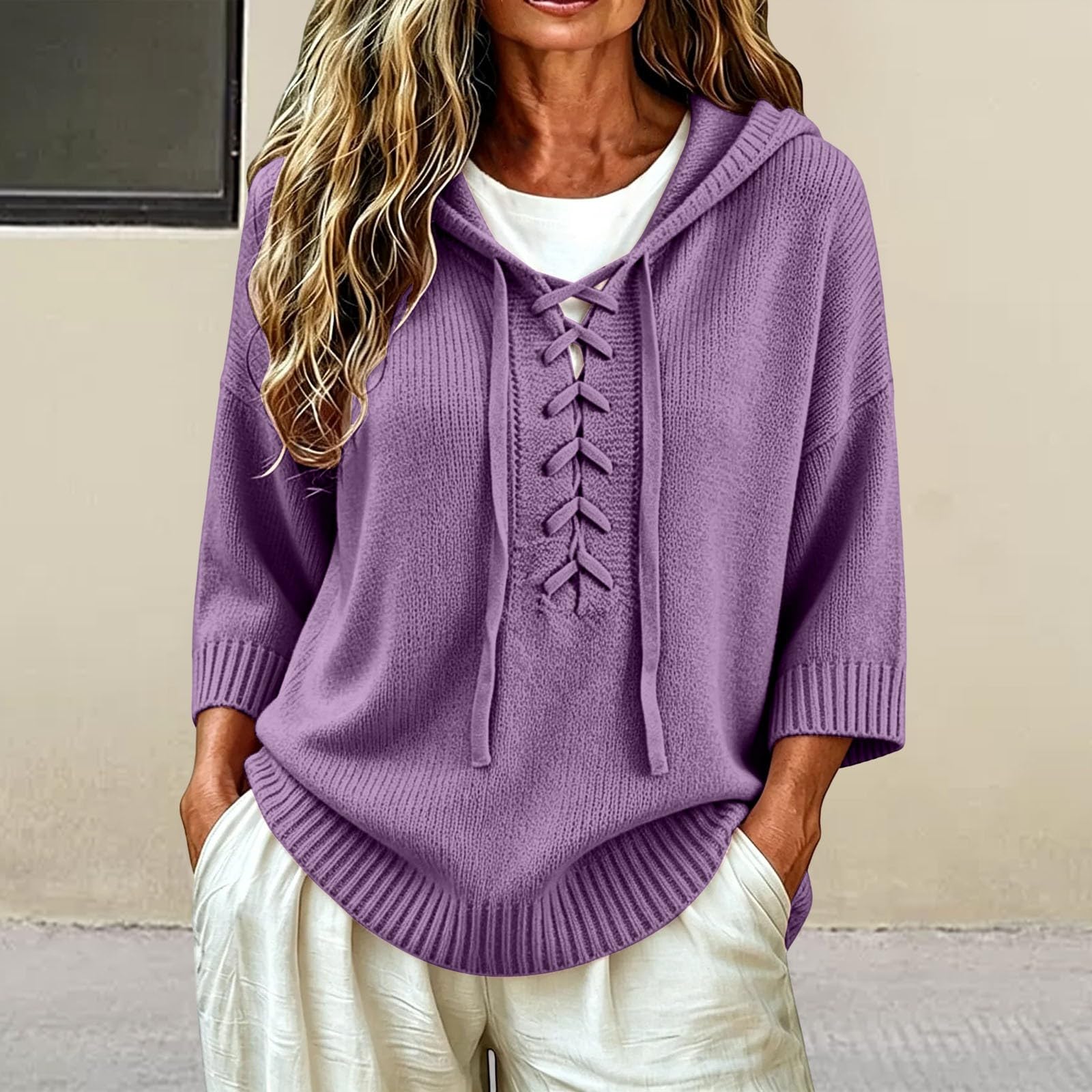 Generisch Felpa da donna in cotone, oversize, casual, tinta unita, elegante, lavorata a maglia, con cappuccio, confortevole, a maniche a 3/4, calda