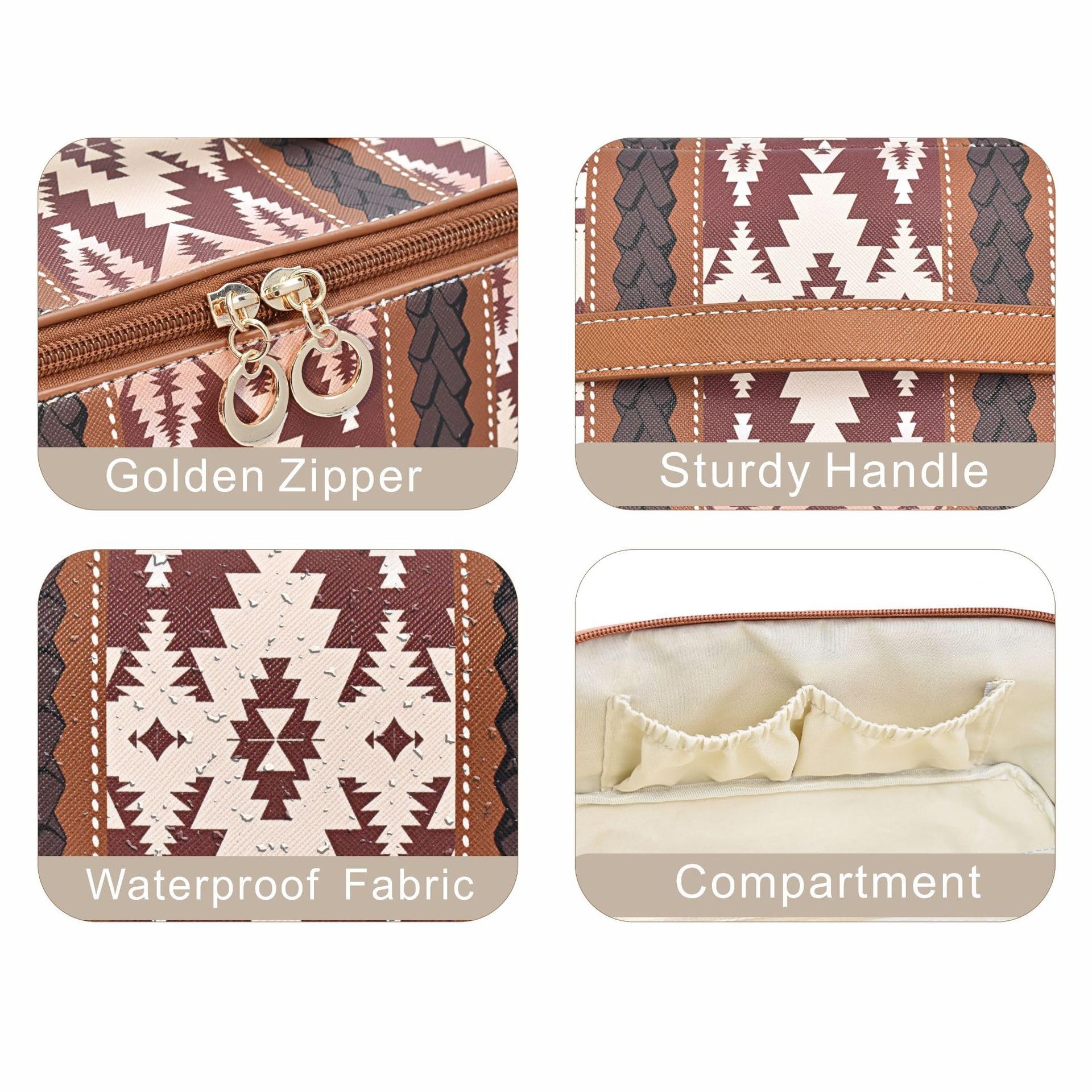 Neceser Maquillaje Bolsa de Maquillaje Estilo Bohemio con diseño de Bloques de Colores, versátil y Abierta con Divisor. Viaje(Light Brown)