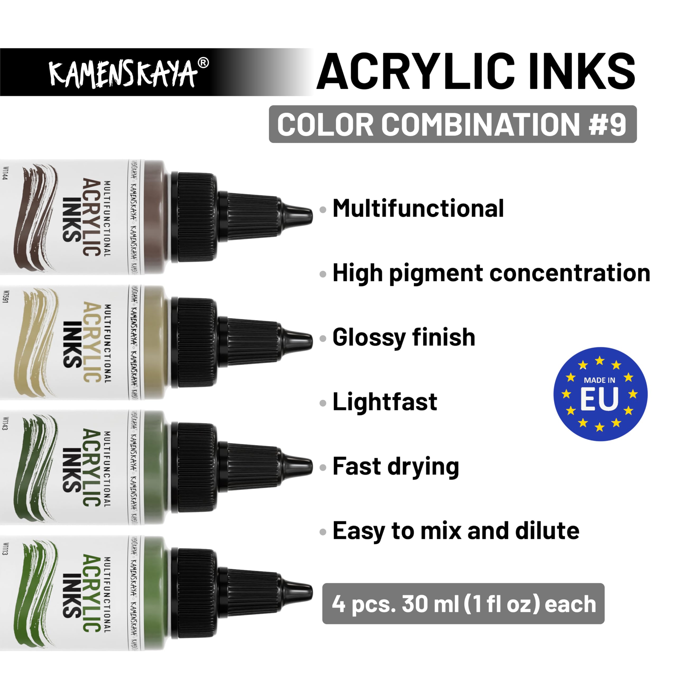 Kamenskaya Acrylic Inks for Artists - Acrylic Ink Set, Color Combination #9-4 pcs. 1 Fl Oz (30 ml) Each, 30 ml (Pack of 4) - Image 3