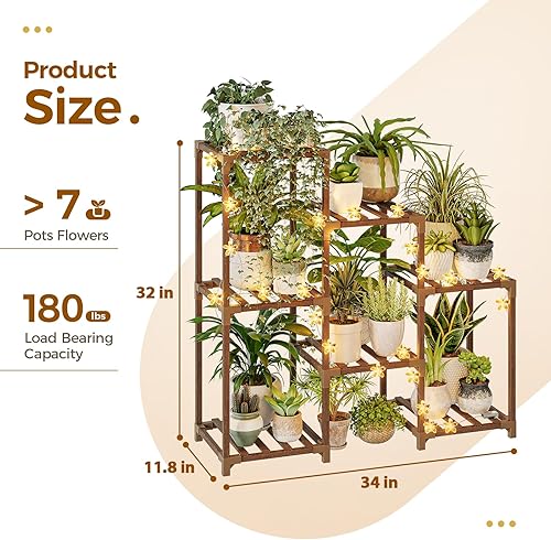 Miniatura 5 de Bamworld - Soporte con guirnalda de luces de flores para plantas de interior, estante de madera de 3 niveles para 7 macetas, para sala de estar,