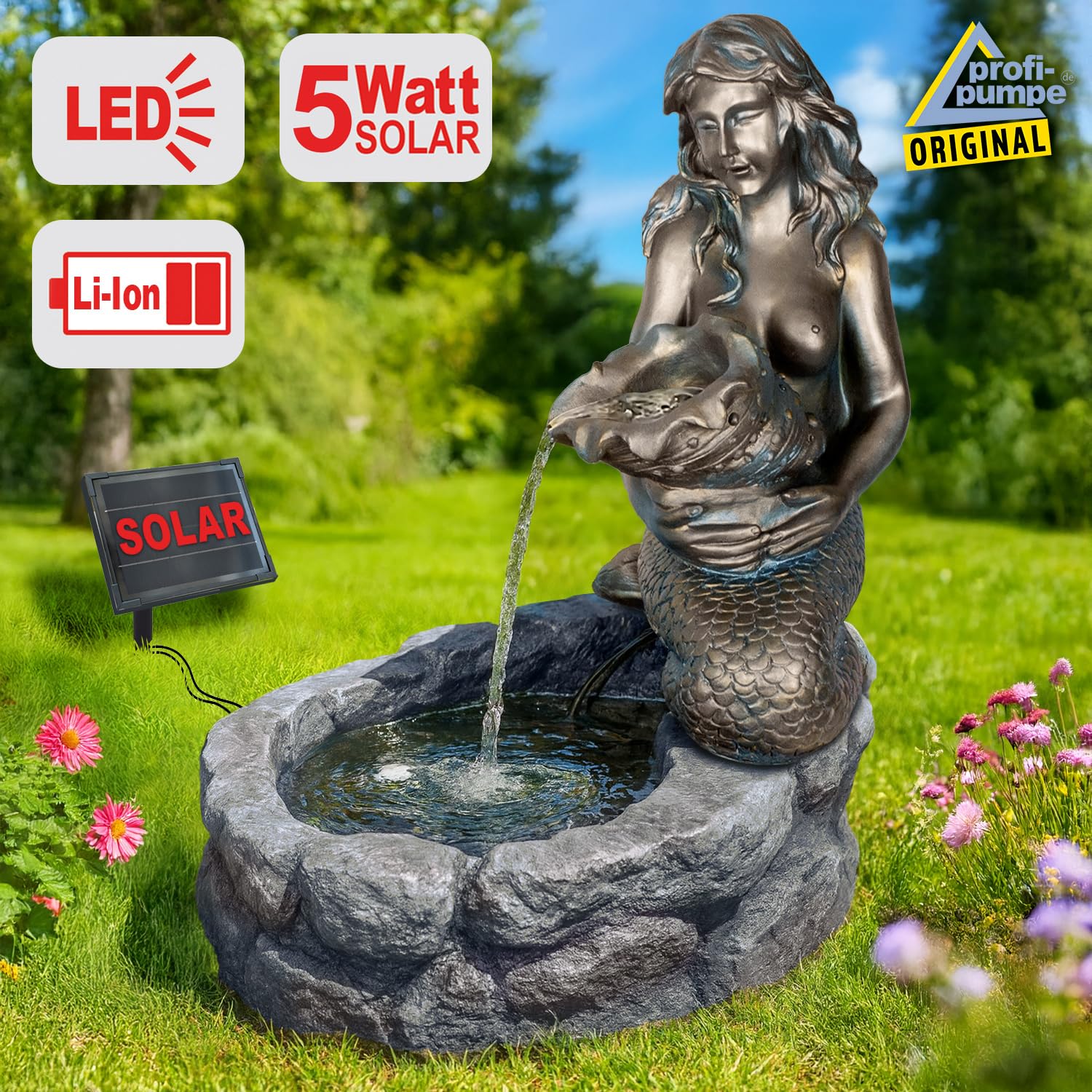 Solar Gartenbrunnen mit 5W Li-Ion-Akku-Solarpanel 9V 555mAh LED-Licht Teichpumpe Meerjungfrau Fördermenge 250l/h 60.000 Stunden für außen Terrasse, Balkon