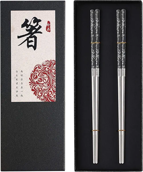 Stainless Steel Chopsticks Titanium Plated Metal Chopsticks Reusable Dishwasher safe Premium Japanese Korean Chopstick Laser Engraved Anti-slip Chop Sticks for Eating 2 Pairs Gift Set Black Silver