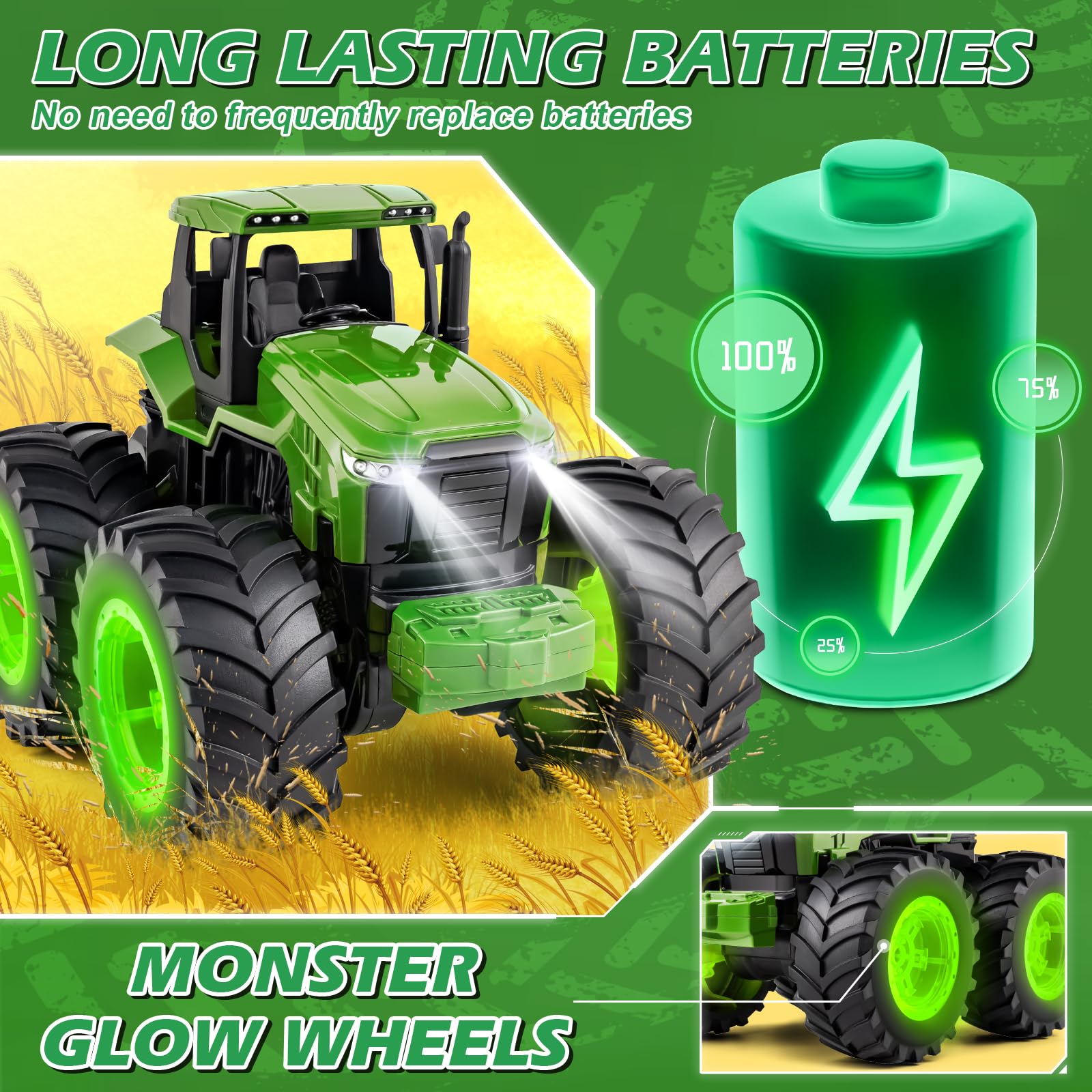 Remote Control Tractor Toys for Kids 3-5, Light Up Monster Trucks Toy for Boys 3,4,5,6,7 Year Old, Toddlers RC Farm Vehicle Toys for Ages 3-7 Years Old, Ideal Birthday Toys Gift for Boys Girls