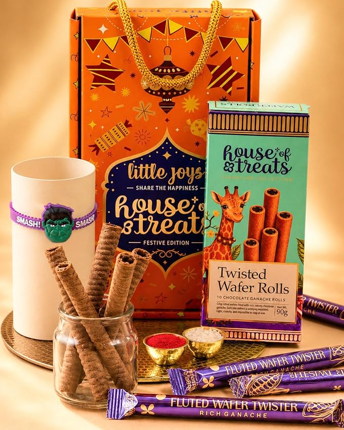 HyperFoods® Rakhi With Chocolates Hamper for Brother Kids with Gift Little Joys (Chocolate Wafer Rolls) Gift Pack Hulk Kids Rakhi Set for Brother