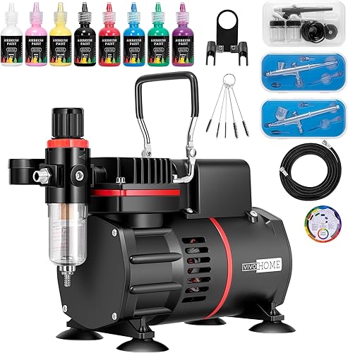 VIVOHOME Kit de aerógrafo con compresor de aire de doble ventilador y 3 pistolas de aerógrafo de doble acción, alimentación por gravedad y sifón,