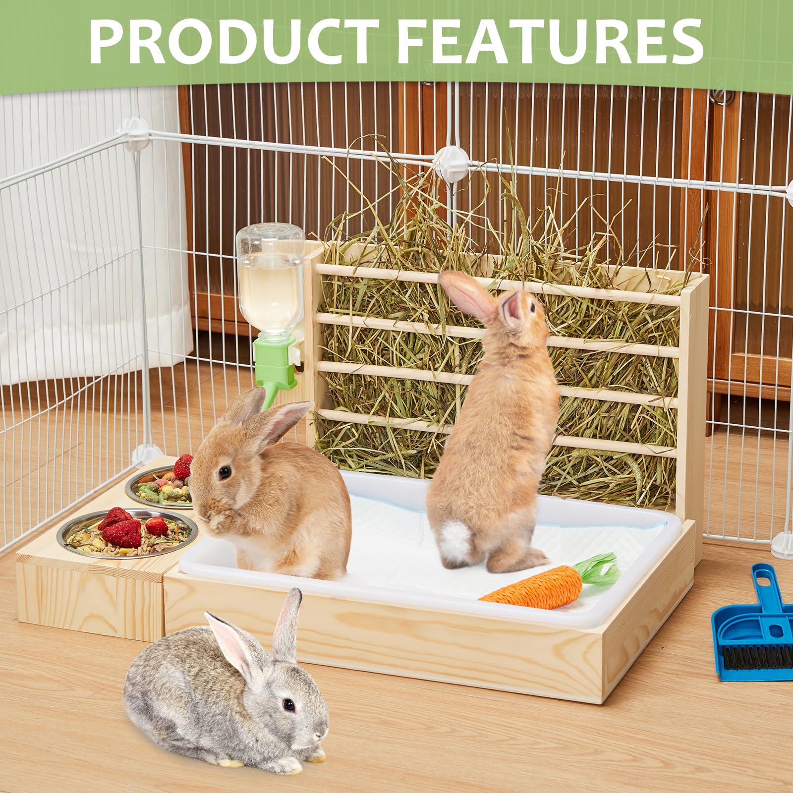 4 in 1 Rabbit Hay Feeder with Litter Box, Small Animals Hay Rack with Water Bottle, and 2 Bowls, Wooden Bunny Hay Holder Feeder Toilet Combo for Rabbit, Guinea Pig, Hamster, Hedgehog, Chinchillas - image 3