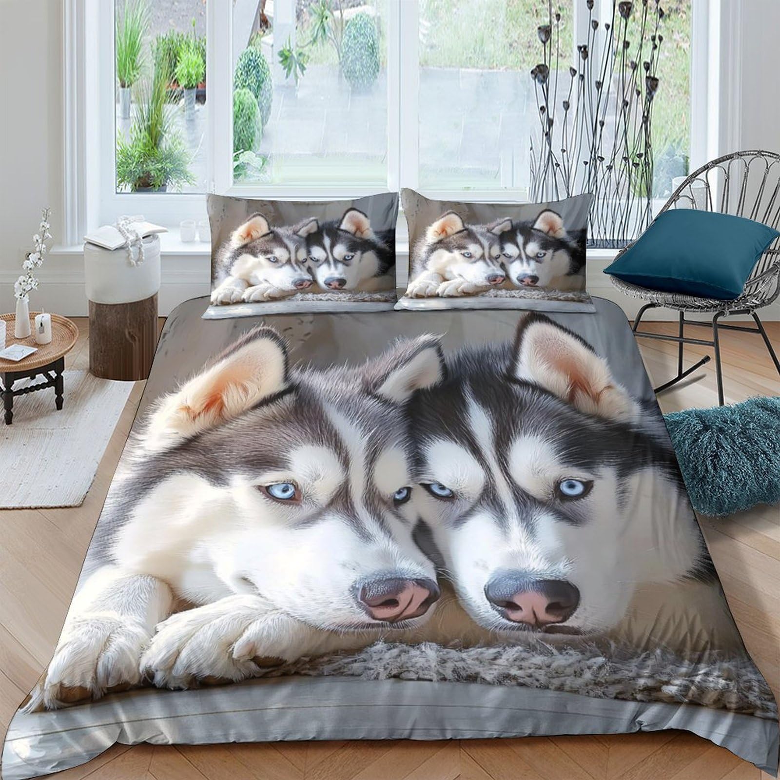 TUFRTGYHN 3D Printed Husky Dog Duvet Cover Microfiber Soft Breathable Wolf Animal Bedding Set with 2 Pillowcases for Bedroom Home Decor Single（135x200cm）
