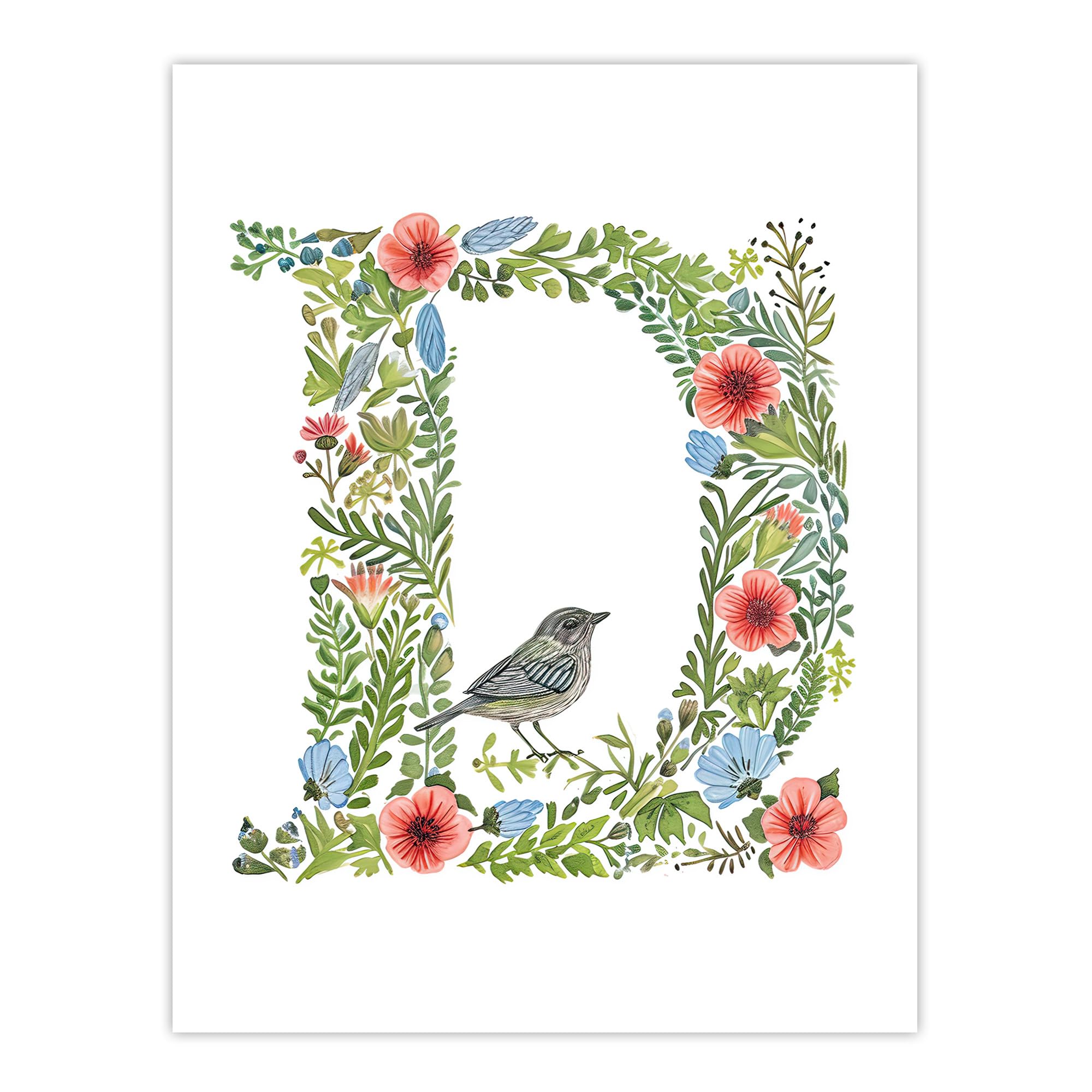 Artery8 Letter D in Flowers with Bird Garden Watercolour Floral Word Art For Her Birthday Mum Wife Woman Friend Large Wall Art Poster Print 18X24 Inch