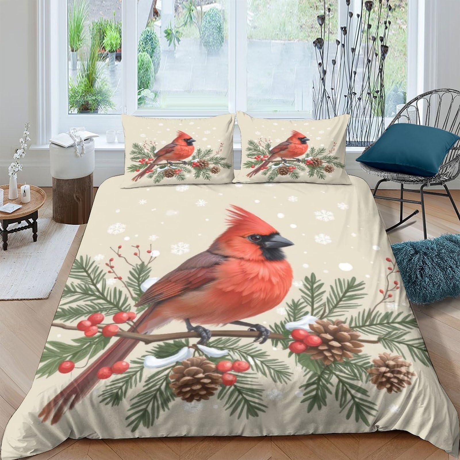 Ctjqhvkz Style-7 3D Printed Red Cardinal Bird Fitted Sheet Microfiber Soft Winter Pine Mattress Cover For Bedroom Guest Room Decor Single（135X200cm）