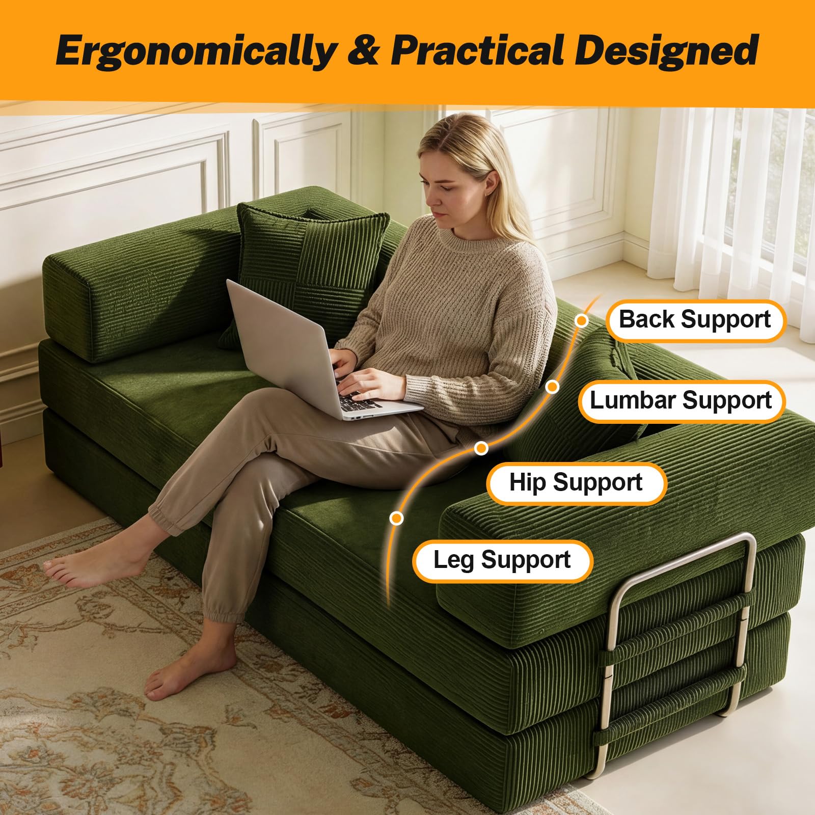 Vipbear Premium 5-in-1 Vielseitiges Rahmenloses Sofa, 160 cm, Ergonomisch Verwandelbarer 3-Sitzer mit Memory-Schaum, Ausklappbares Schlafsofa fürs Wohnzimmer