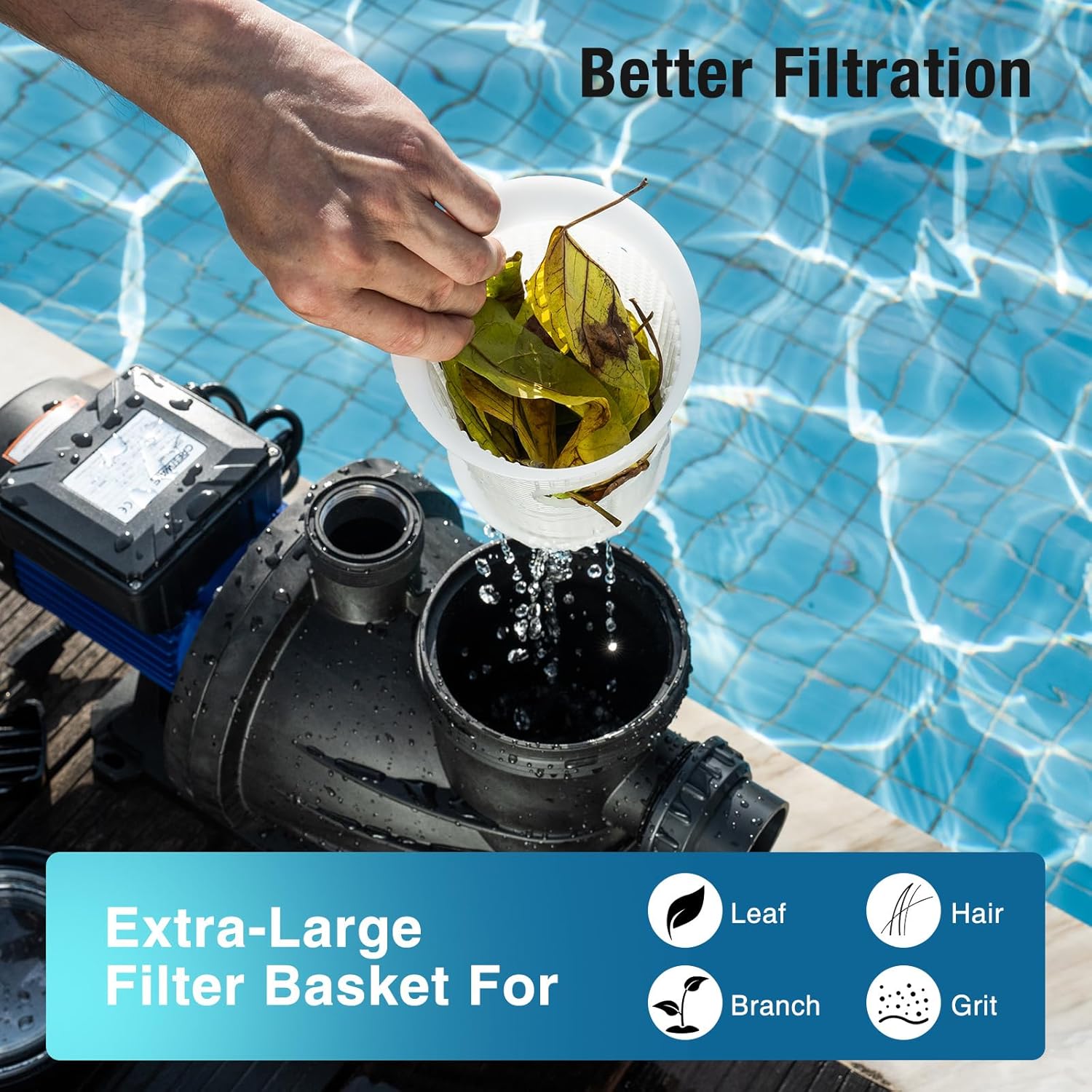 1.5HP Pool Pump, 5547GPH Powerful Self Primming Swimming Pool Pump with ON/OFF Switch for In/Above ground Pool, Single Speed High Flow, Energy Saving, Low Noise, with Strainer Basket