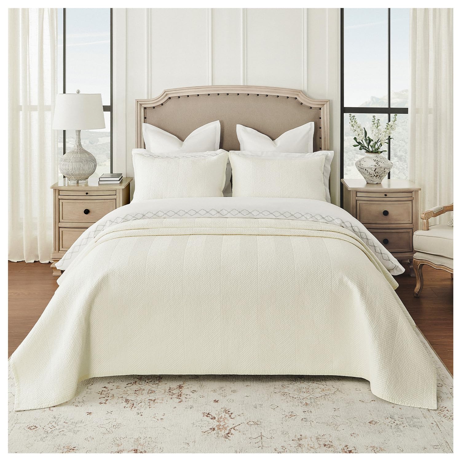 Calla Angel Evelyn Stitch Chevron Luxury Pure Cotton Quilt,Ivory, Chevron, 3 Pieces King Quilt Set