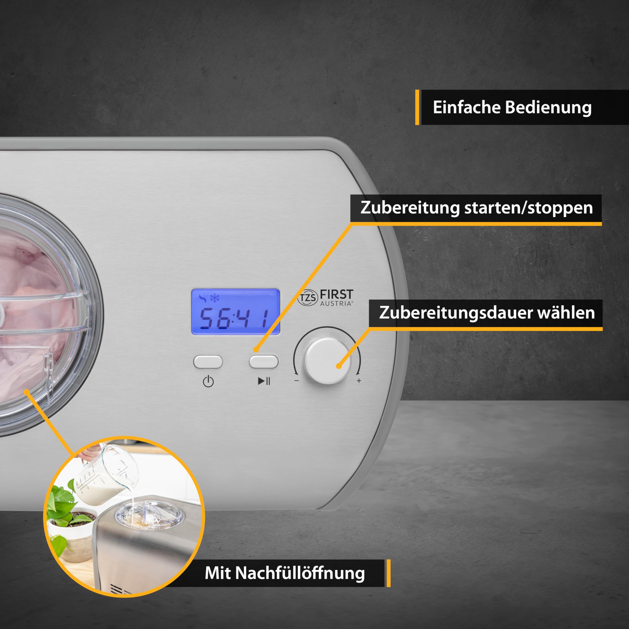 TZS First Austria - Eismaschine 1,2L - 135W - Kompressor & Kühlfunktion - Speiseeisbereiter für Milcheis, Sorbet oder Frozen Yogurt - Edelstahl-Behälter - Grau