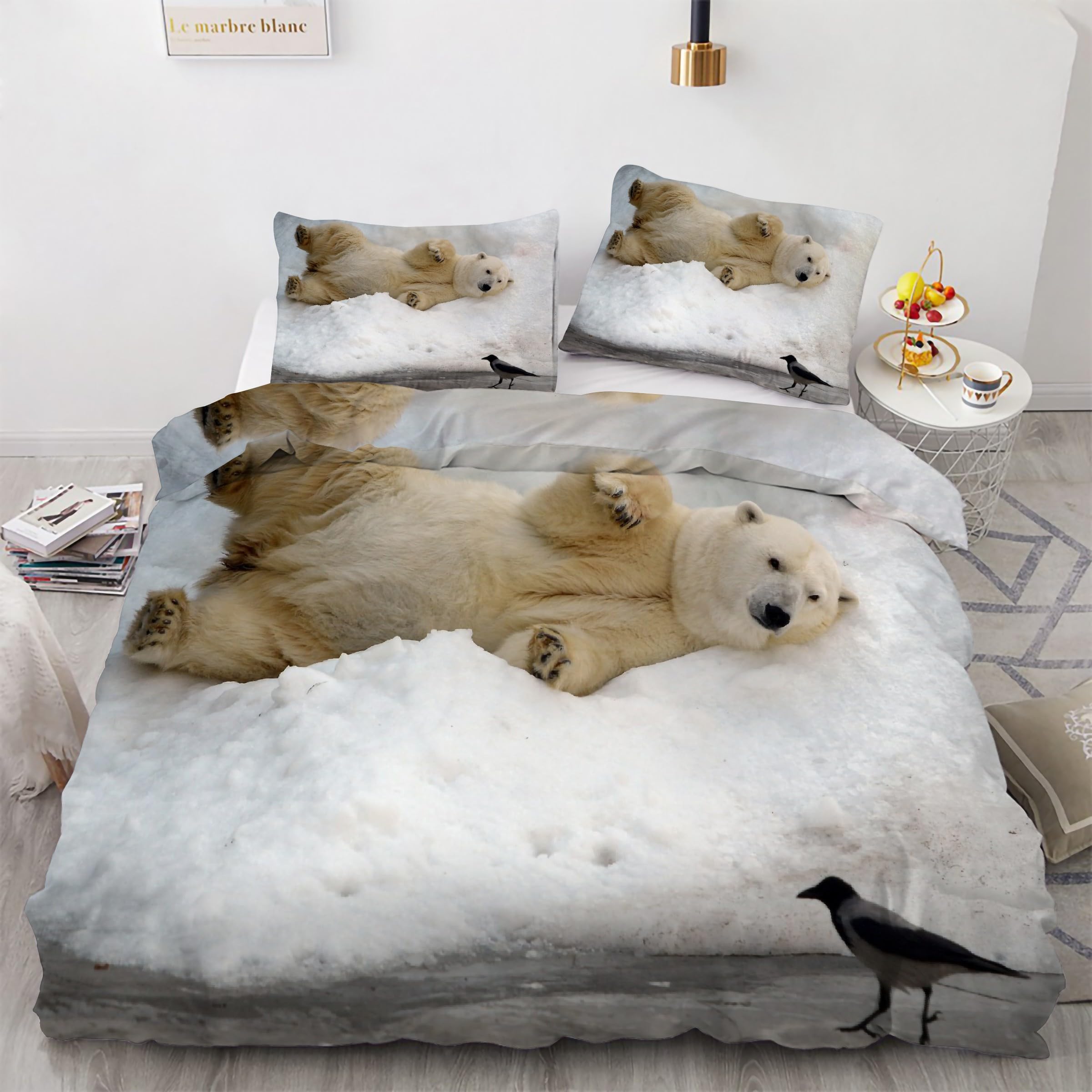 Parure de lit 90x190 ours blanc avec housse de couette en microfibre et taies d'oreiller
