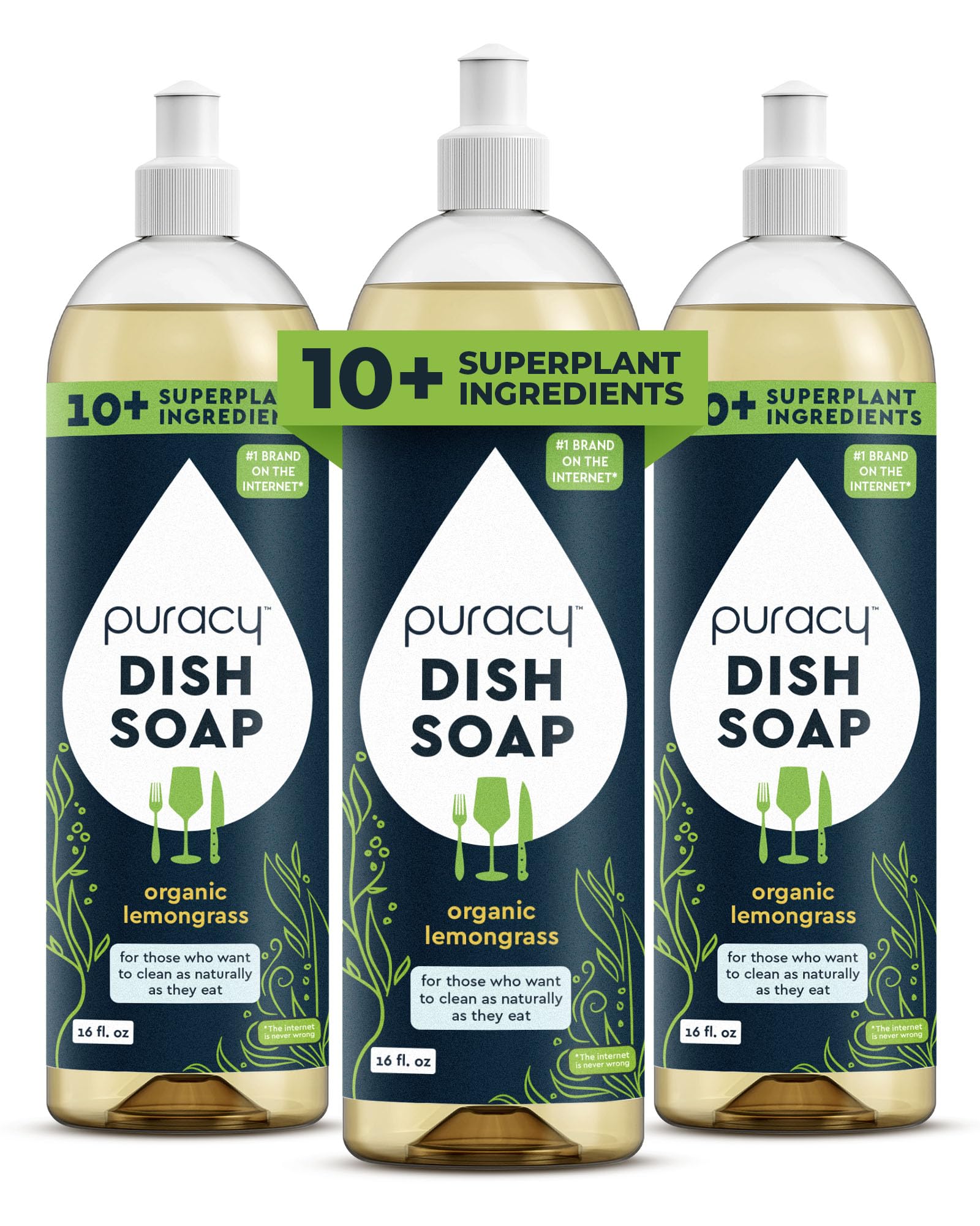 Puracy Natural Dish Soap Packs - Skin-Softening Plant-Based Dishwashing Soap, Non-Toxic Dish Soap, Organic Liquid Dishwashing Detergent Soap (Organic Lemongrass, 16 fl oz, 3 Pack)