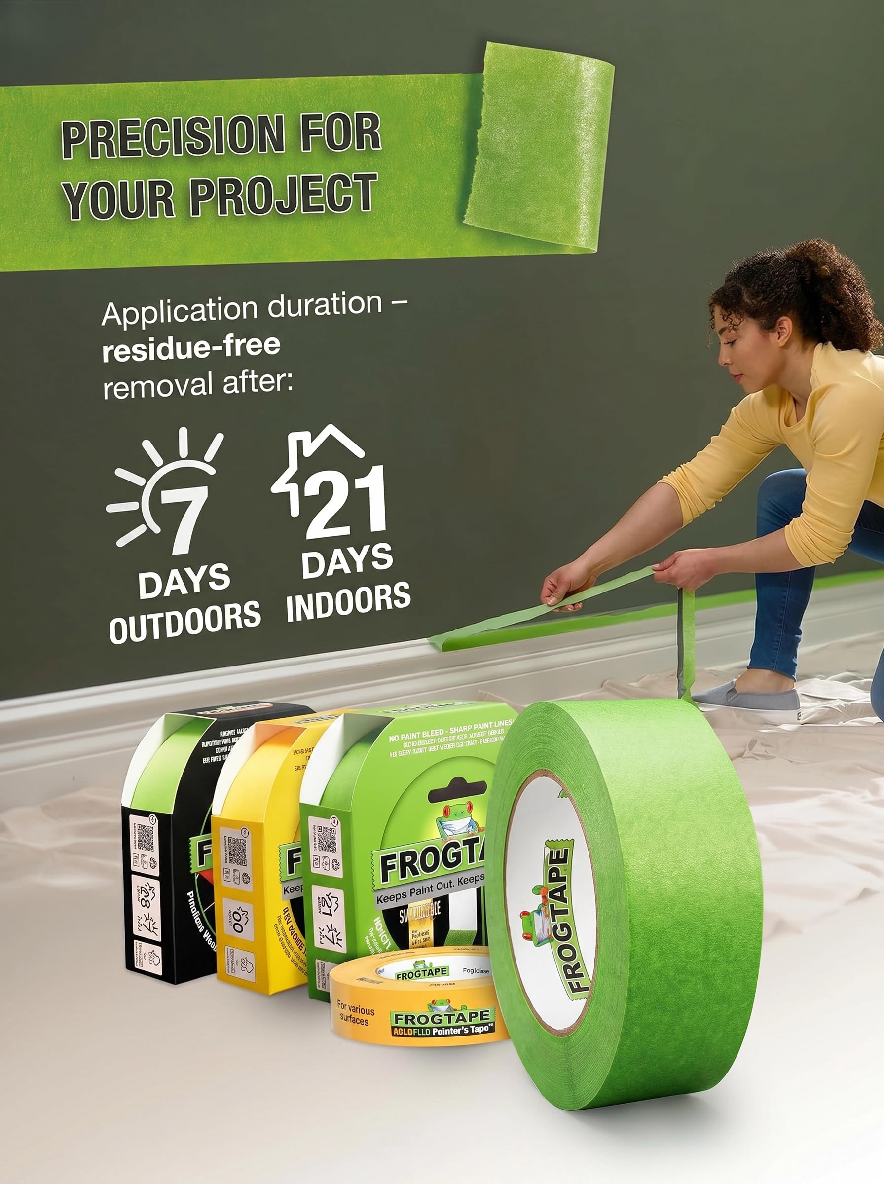 Frog Tape Multi Surface Cinta de Carrocero Verde, Tecnología PaintBlock, Cinta de Pintor para Madera Cristal y Metal, Bordes Muy Nítidos, Retirada Sin Residuos, Multisuperficie, 24mm x 55m Pack 3