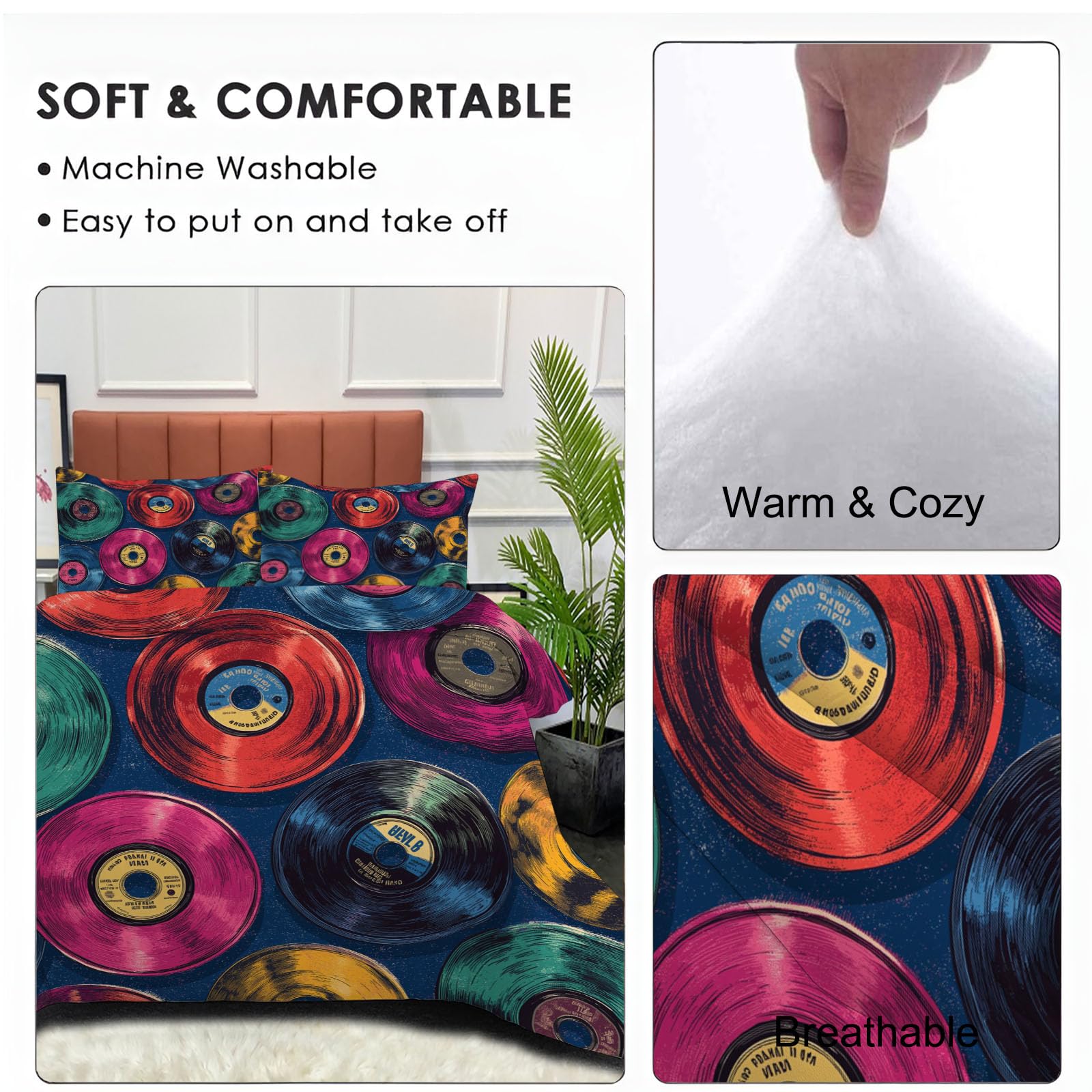 Piumino Letto Piazza E Mezza Con Federe, Piumino Trapuntato Tema Musicale Retrò,Dischi In Vinile Rock Classico Per Tutte Le Stagioni,Trapunta Reversibile Leggero Caldo,240X220Cm,Blu Scuro