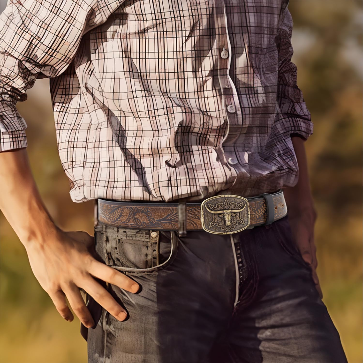 JIMJOY Men's Western Leather Belt Cowboy Belts for Men Big Engraved Buckle Belts - Image 3