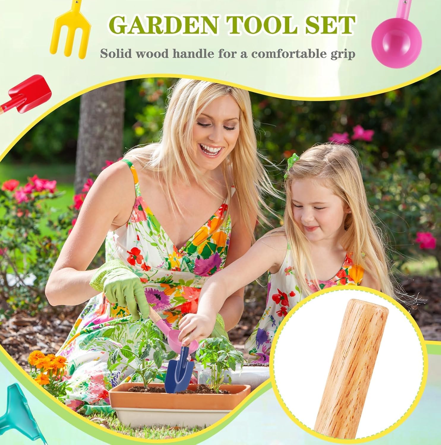 LATERN 10 Pezzi Attrezzi da Giardinaggio per Bambini, 20CM Giocattolo da Spiaggia Metallo Cucchiaio Forchetta Cazzuola Rastrello Pala con Manico in Legno per Giardino Terreno Trapianto Spiaggia Scavo
