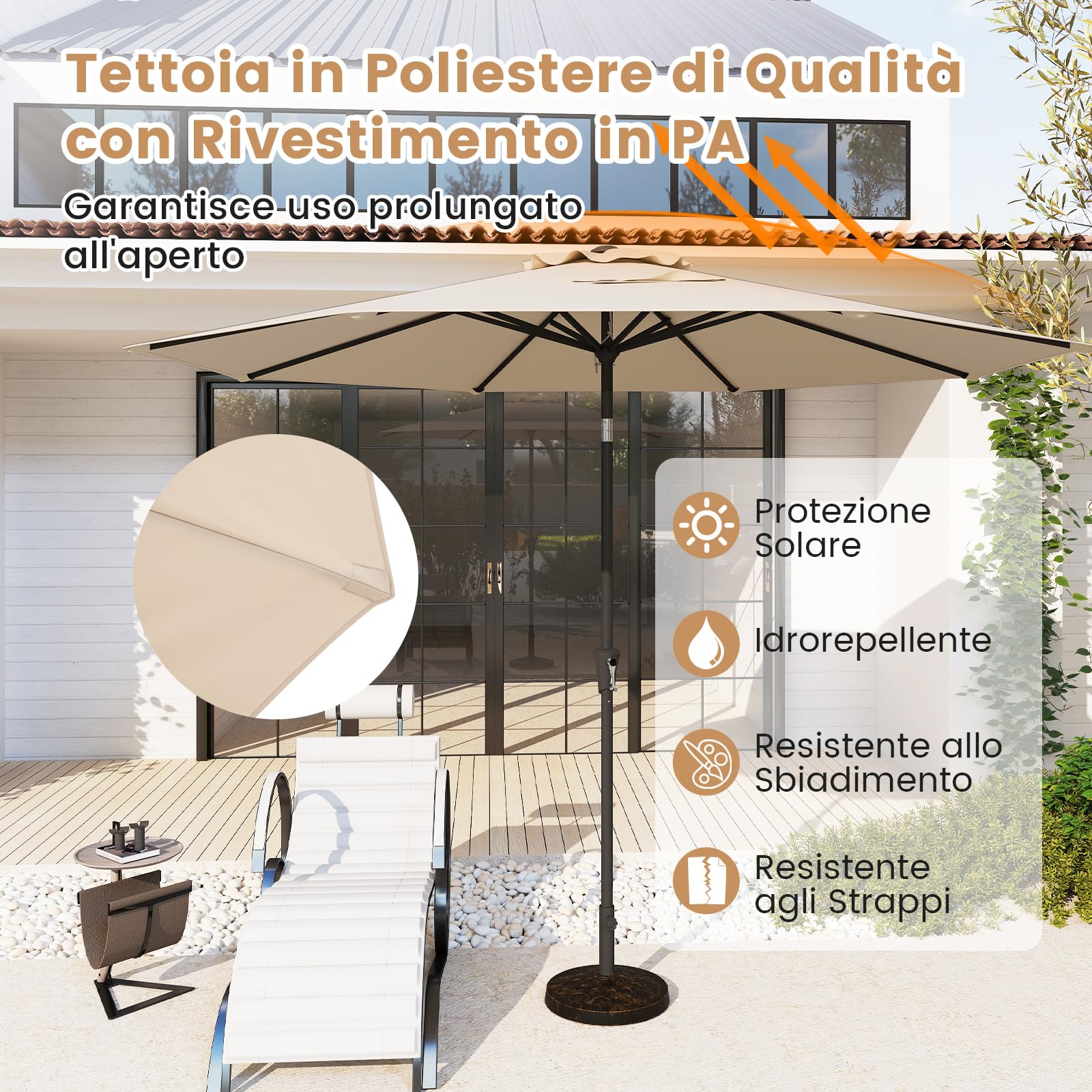 COSTWAY Ombrellone da Giardino 290 cm con Inclinazione Regolabile, 8 Stecche Manovella per Spiaggia Piscina Cortile Beige