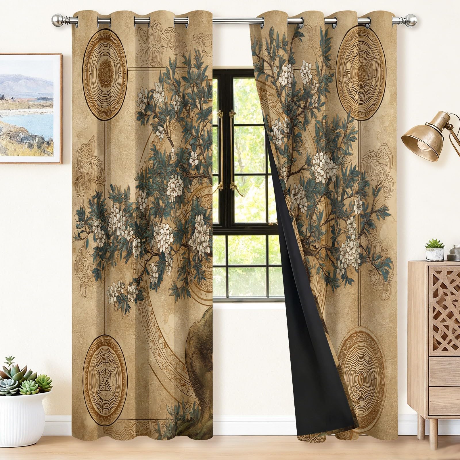 Verdunklungsvorhänge Braunes Vorhänge Blickdicht H 220 x B 140 cm, Gardinen Ösen Vorhänge Wohnzimmer Schlafzimmer, Japanischer Stil Tuschemalerei Bäume Blumen Fenster Verdunkelung Thermovorhang