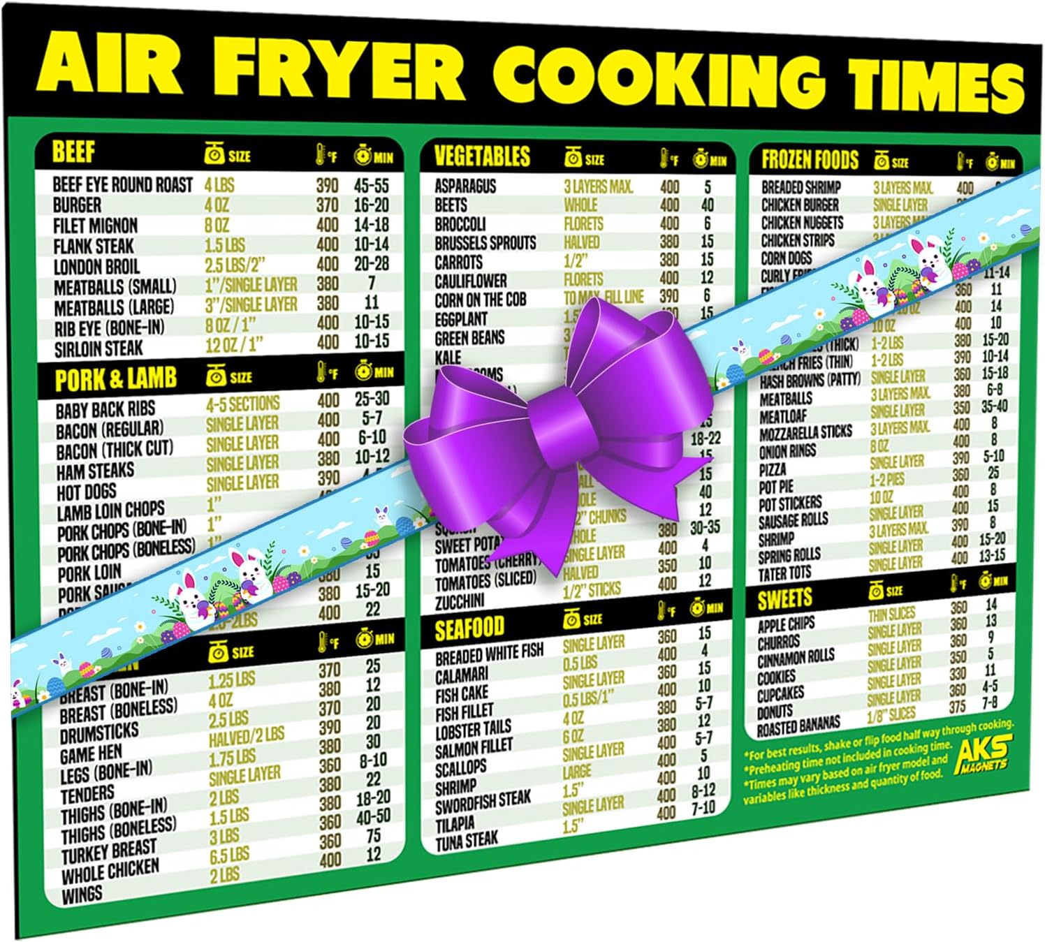 Air Fryer Cooking Times Magnetic Cheat Sheet - Extra Large Easy to Read 11” x 8.5” Airfryer Kitchen Accessory - Quick Reference Guide Magnet for Over 90 Popular Airfry Foods - Cook Healthy Meals Fast