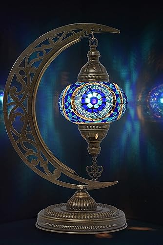 mozaist Lámpara de mesa de mosaico en forma de luna única  Marroquí hecho a mano Tiffany vidrieras con enchufe estadounidense y enchufe E12