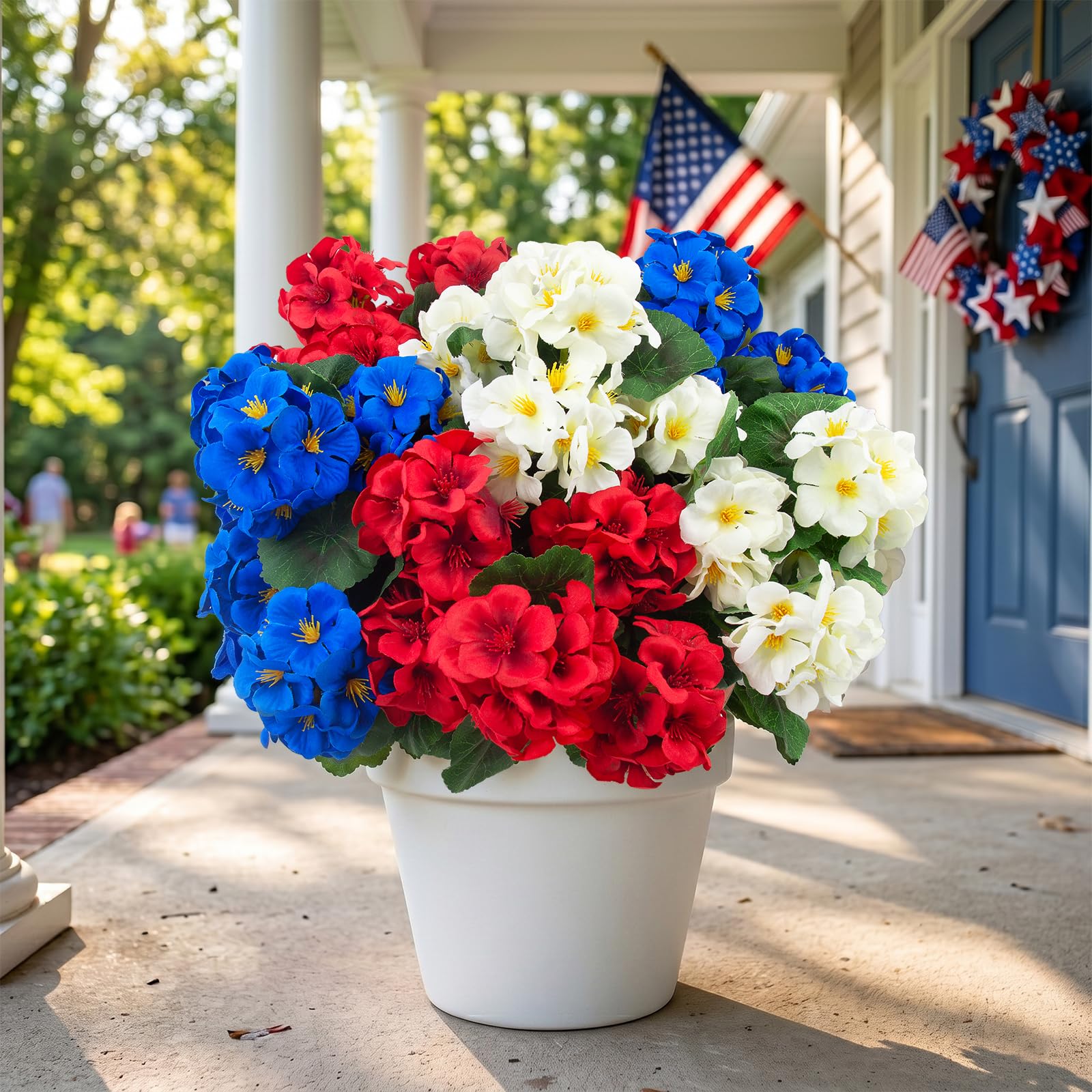 Photo 1 of Hananona 12 Pcs Artificial Geranium Flowers for Outdoors Geranium Silk Red White Blue Flowers Outdoor UV Resistant Plants Faux Patriotic Flowers for 4th of July Home Decor (12, RedWhiteBlue)