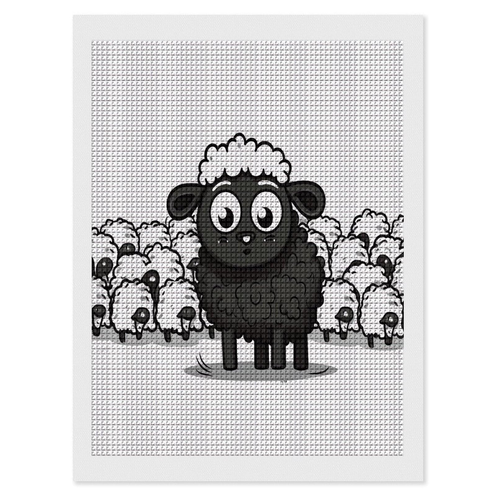 FodPand Cartoon Black White Sheep Diamond Painting Kit for Beginner Fun 5D DIY Crafts for Adults Diamond Art Kits Square Diamond Art Canvas Painting Gem Art Crafts for Home Wall Decor 12"x16"