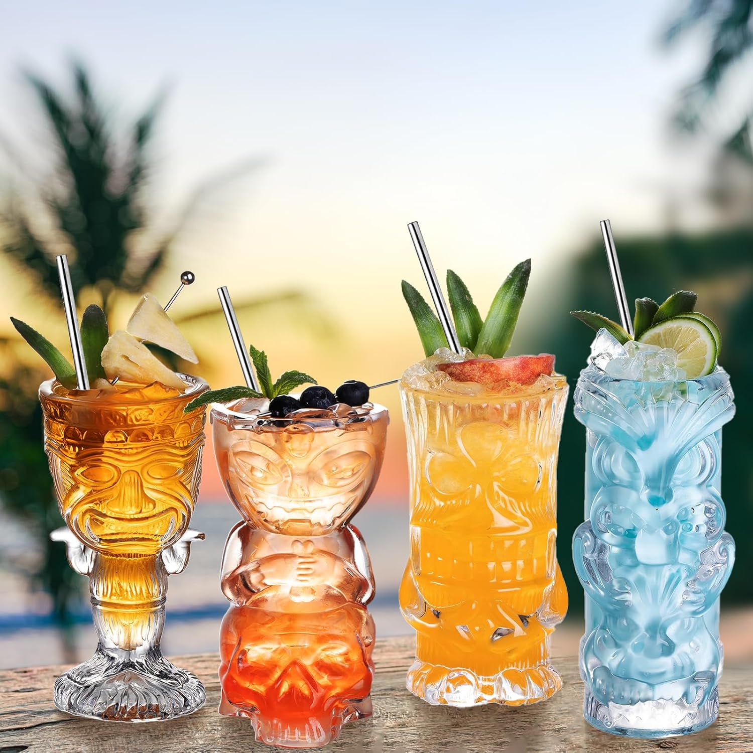 Clear Tiki Glasses Set of 4 - Exotic Tropical Cocktail Glasses with Straws and Coasters,Hawaiian Style Tiki Mugs for cocktails,Mai Tai, Zombie and Pia Colada,Tiki Bar Drinkware.