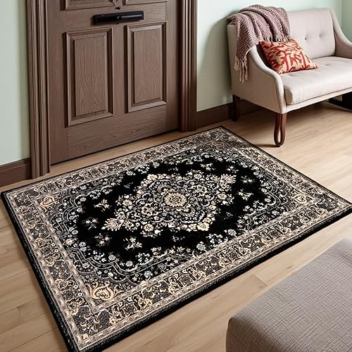 HOMORE 2x3 Area Rug Small Black Rugs for Bedroom, Washable Rug for Entryway, Non Slip Low Pile Indoor Door Mat for Entrance Small Kitchen Rugs Vintage Floral Rug for Living Room Dorm Decor