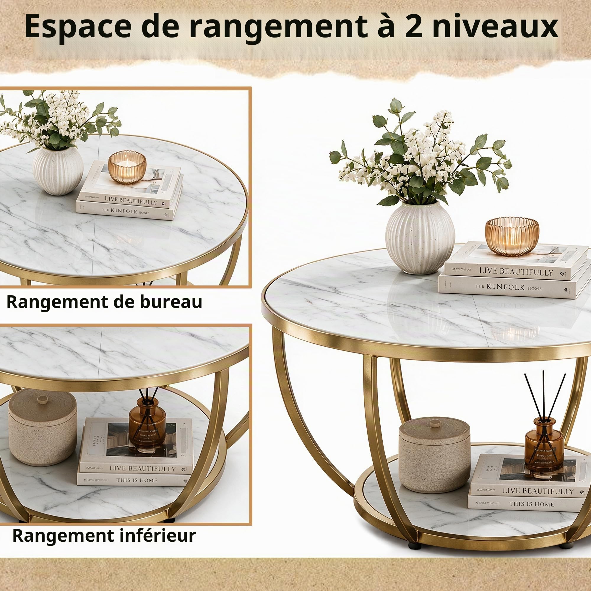 Ensemble de 2 Table Basse Ronde avec étagères de Rangement, Table Centrale Moderne en Bois de 80 cm + 40 cm pour Salons et aux Bureaux (Blanc)