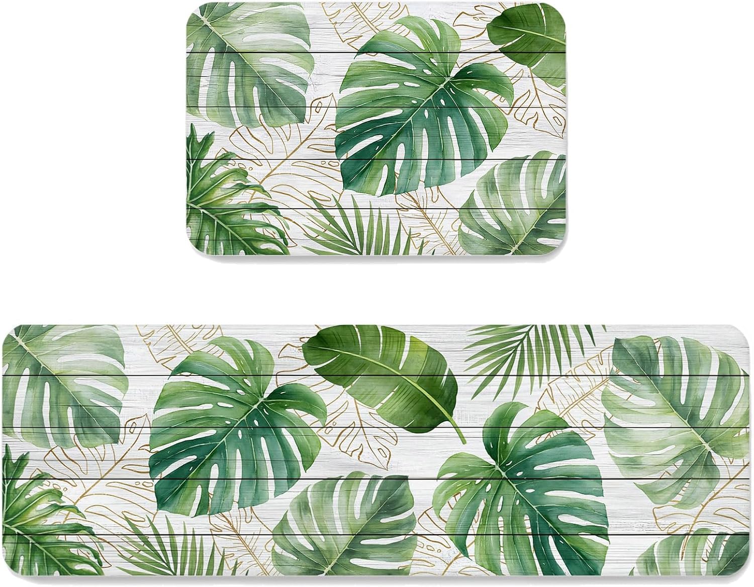 Green Monstera Leaves Kitchen Mats Set of 2 Rustic White Wood Striped Tropical Botanical Non Slip Mat Washable Floor Rug for Kitchen Sink Floor Laundry, 19.7"x31.5"+19.7"x47.2"