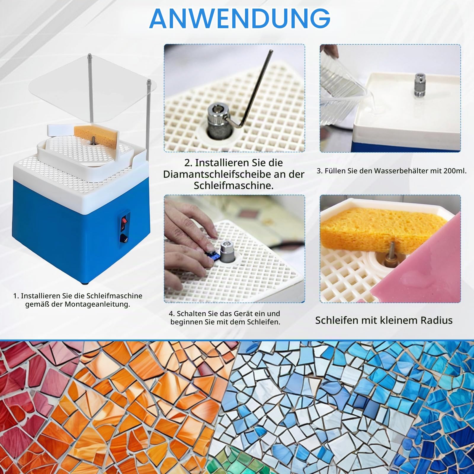 Glasschleifer, 65W 220V 4200R/Min Doppellagig Buntglasmühle Automatische Glasschleifmaschine mit 5/8'' und 1'' Schleiferbits und Schallwand für Glas und Keramik Handwerk Eu Stecker Blau