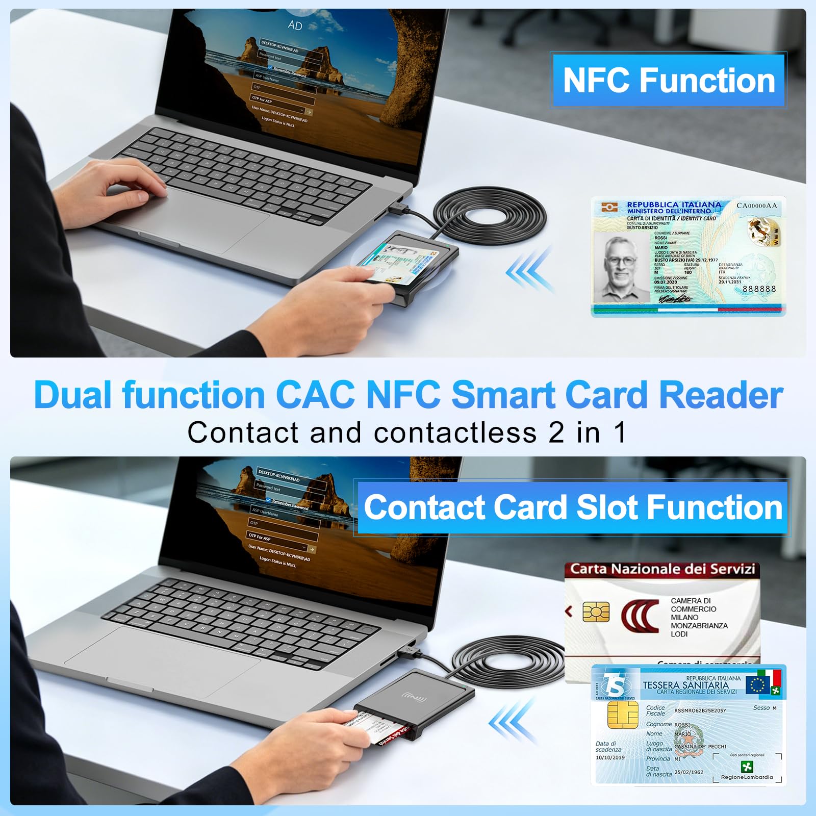 USB Lettore CIE 3.0 Carta d'identità Elettronica e Tessera Sanitaria Italiana,Lettore Smart Card Firma Digitale Lettore NFC Lettore Smart contatto e contactless CIE/CRS/CNS per PC Windows 10 11 Linux