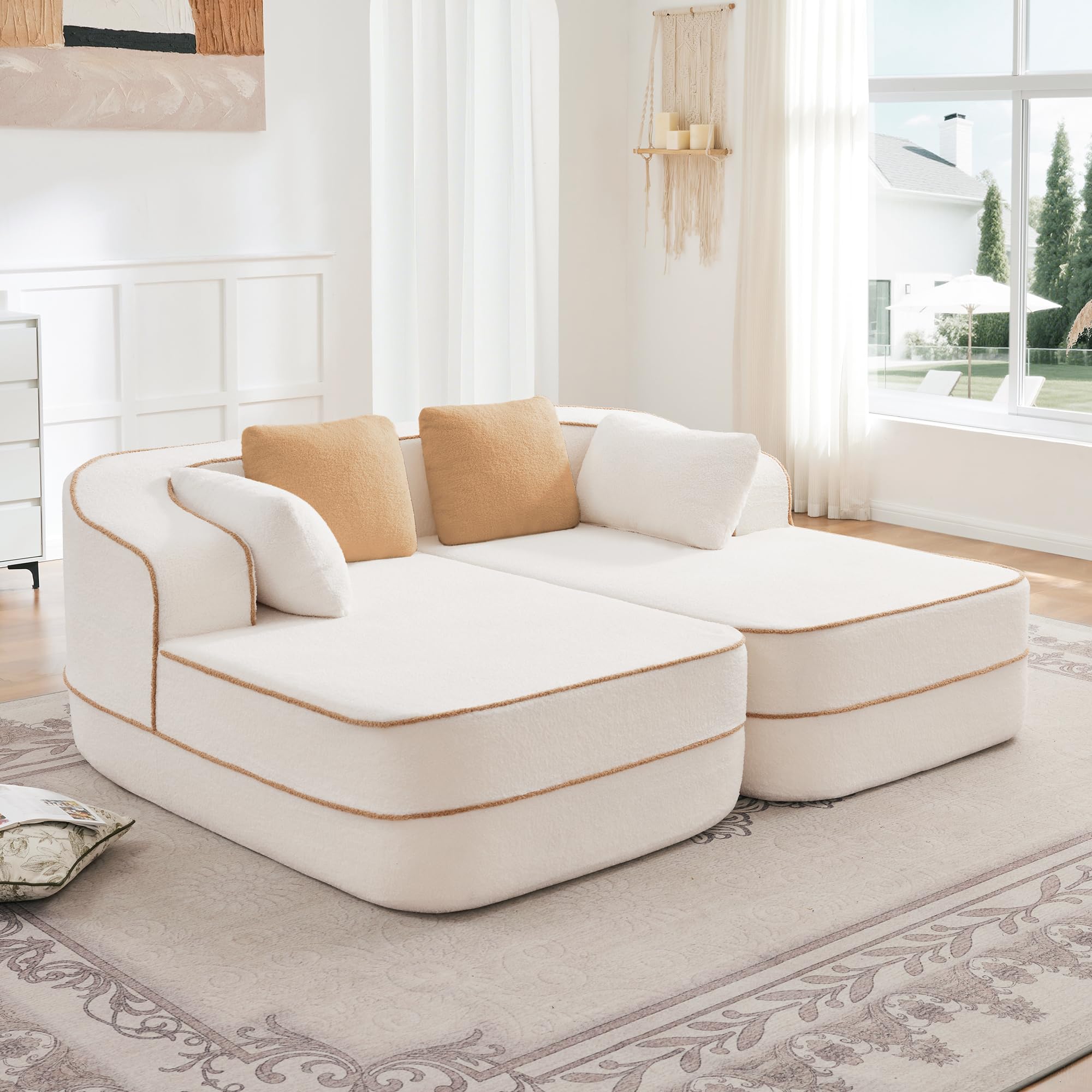 KEIKI Modular Boneless Sectional Teddy Sofa Couch with Chaise for Living Room, Oversized 77.2" Loveseat Chaise Lounge Indoor for Small Spaces, Modern Comfy Apartment Size Sleeper Couch, White