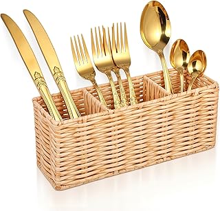 Wicker Flatware Silverware Caddy, Plastic Woven Kitchen Cutlery Organize...