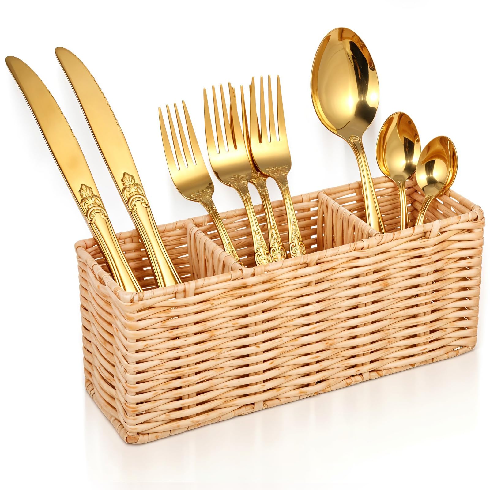 Wicker Flatware Silverware Caddy, Plastic Woven Kitchen Cutlery Organizer Storage Holder Party Condiment Utensil Carrier Basket for Countertop Table Picnic Holds Spoon Knives Fork Napkins