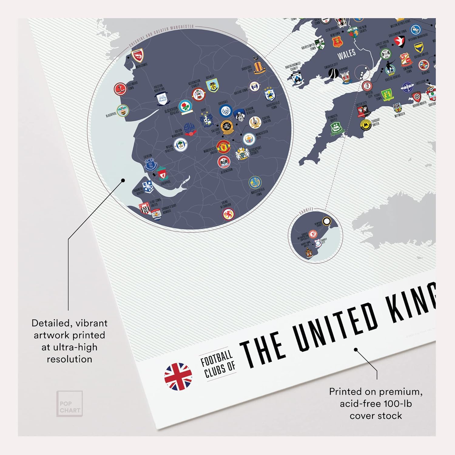 Pop Chart | Football Clubs of the United Kingdom | 16" x 20" Art Poster | 100+ Soccer Clubs from England, Scotland, and Wales on One Map | Wall Decor | 100% Made in the US