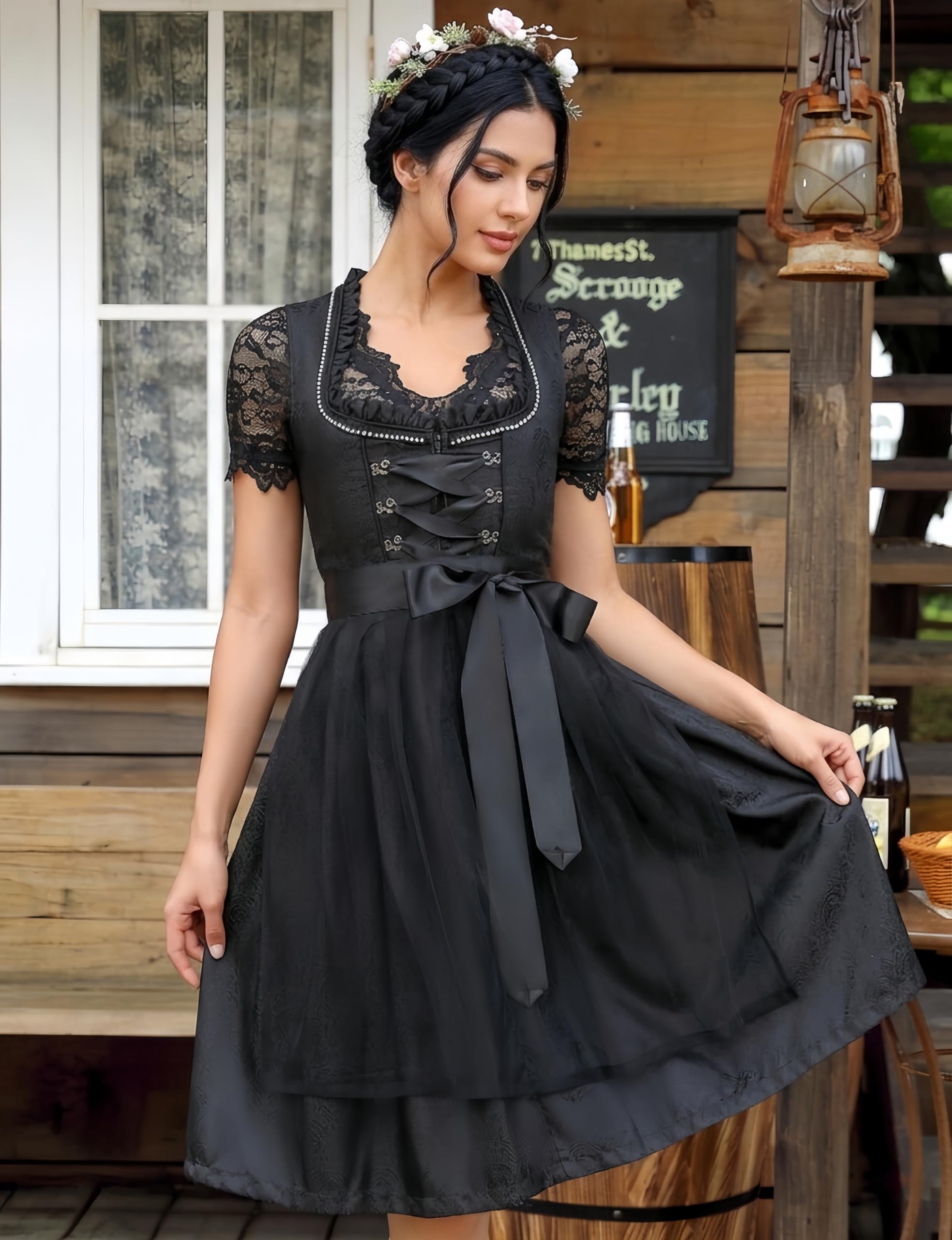 YesFashion Dirndl Damen 3 Teilig Midi Trachtenkleid mit Spitzenbluse & Schürze-Besticktes Outfit für Oktoberfest