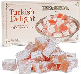 Delicias turcas 500g | Sin gluten | sabor a rosa de Koska | Confitería tradicional de lujo |Vegano | Halal | Kosher | Lokum (Loukoumi)