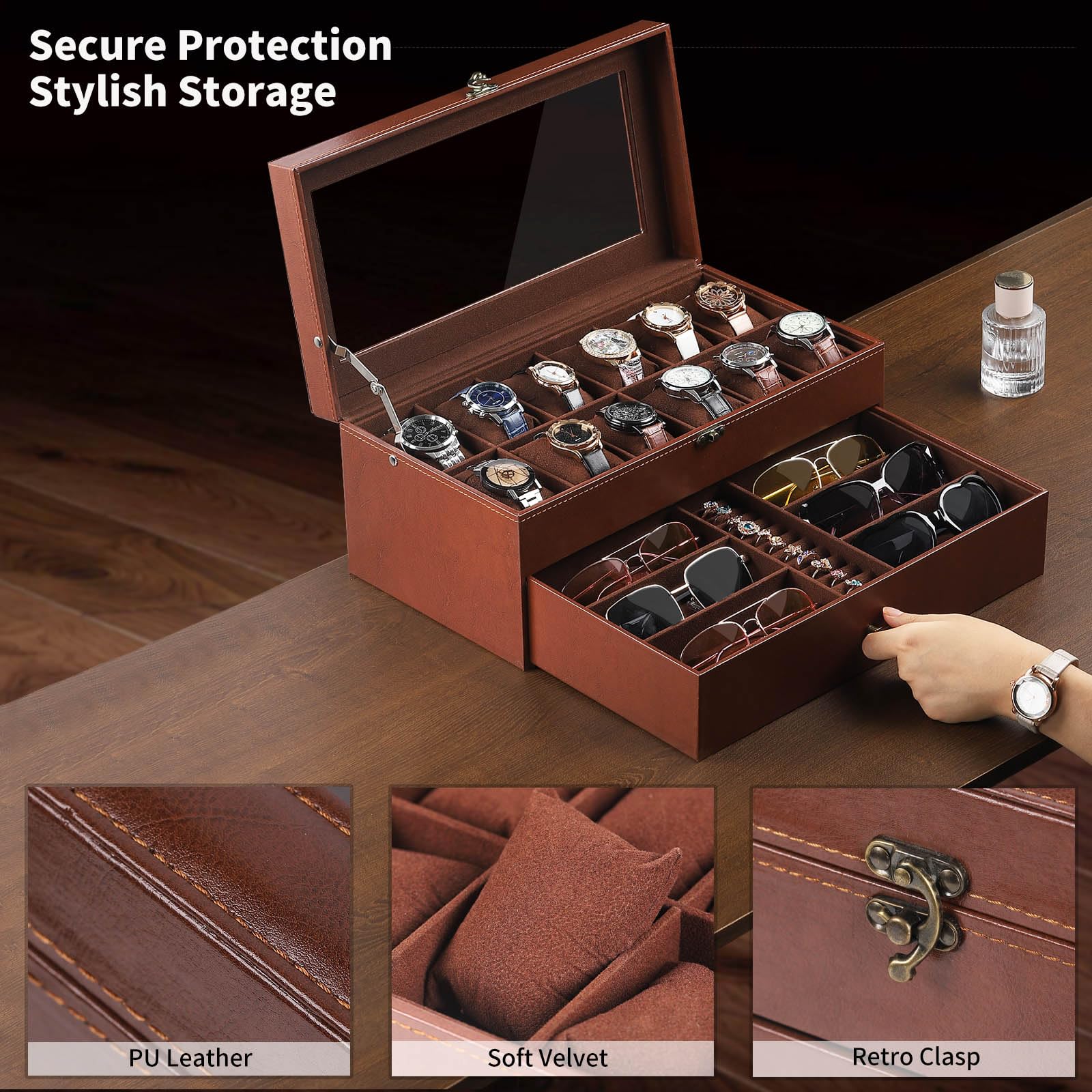 AUTOARK Caja de cuero y terciopelo para 12 relojes y organizador de lentes de sol de 6 piezas, 2 capas con 1 cajón, con cerradura, parte superior de cristal grande, MKAW041