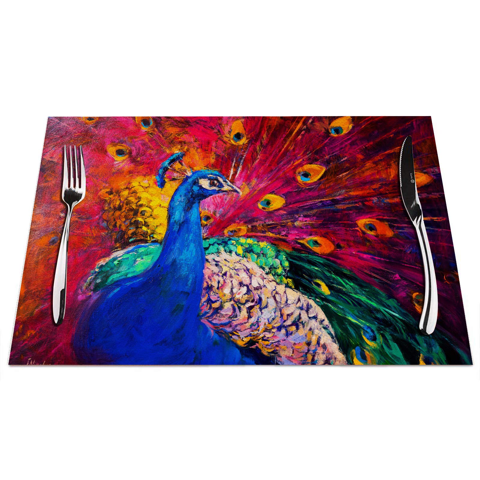 Peacock Placemats Set of 4, Watercolor Birds Peacock Colorful Placemats Heat Resistant for Dining Table Non-Slip 18x12 Inches