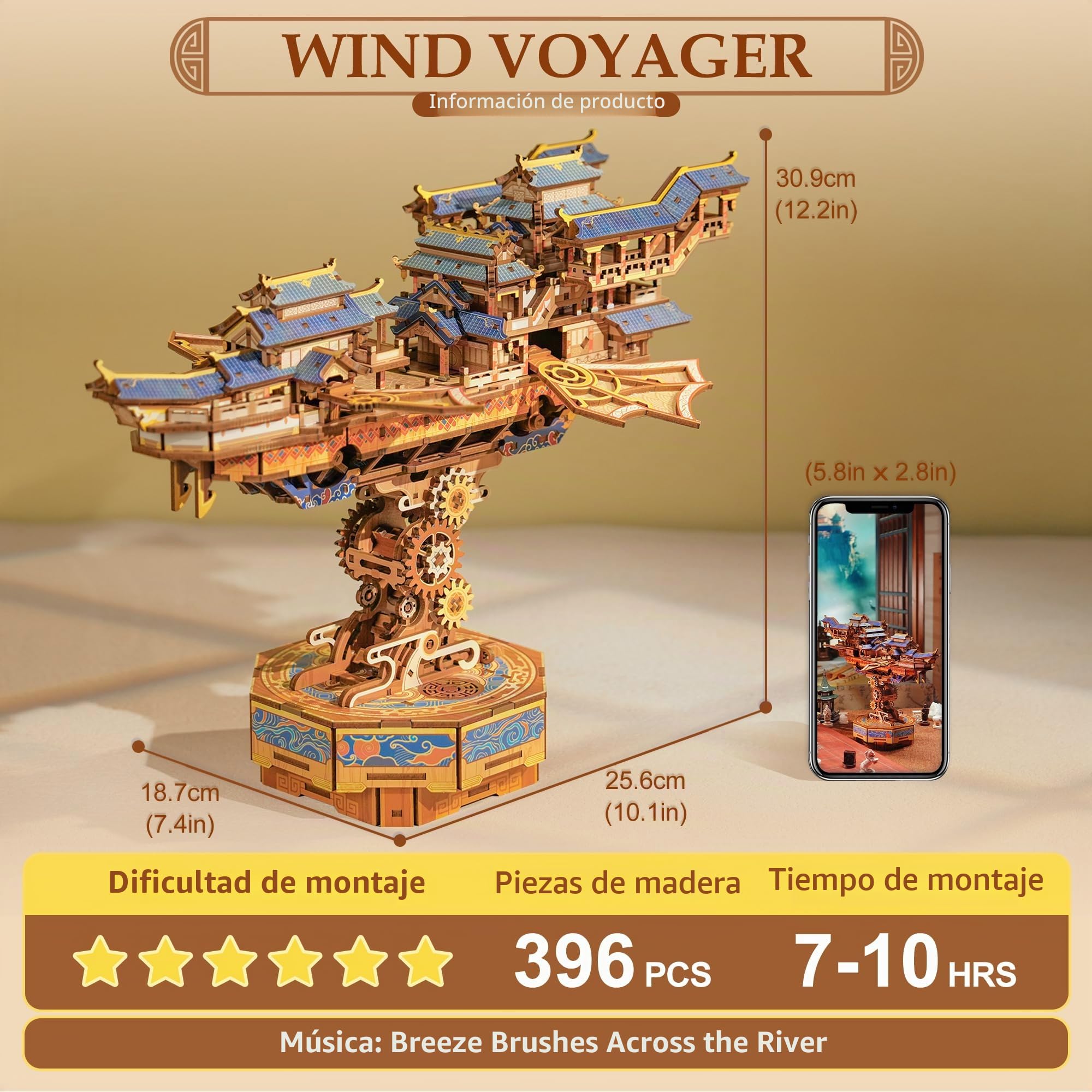 Tonecheer Puzzle de Madera 3D para Adultos, Kit de construcción de Barco de Madera con música, dirigible de fantasía y componentes móviles（Viajero del Viento）