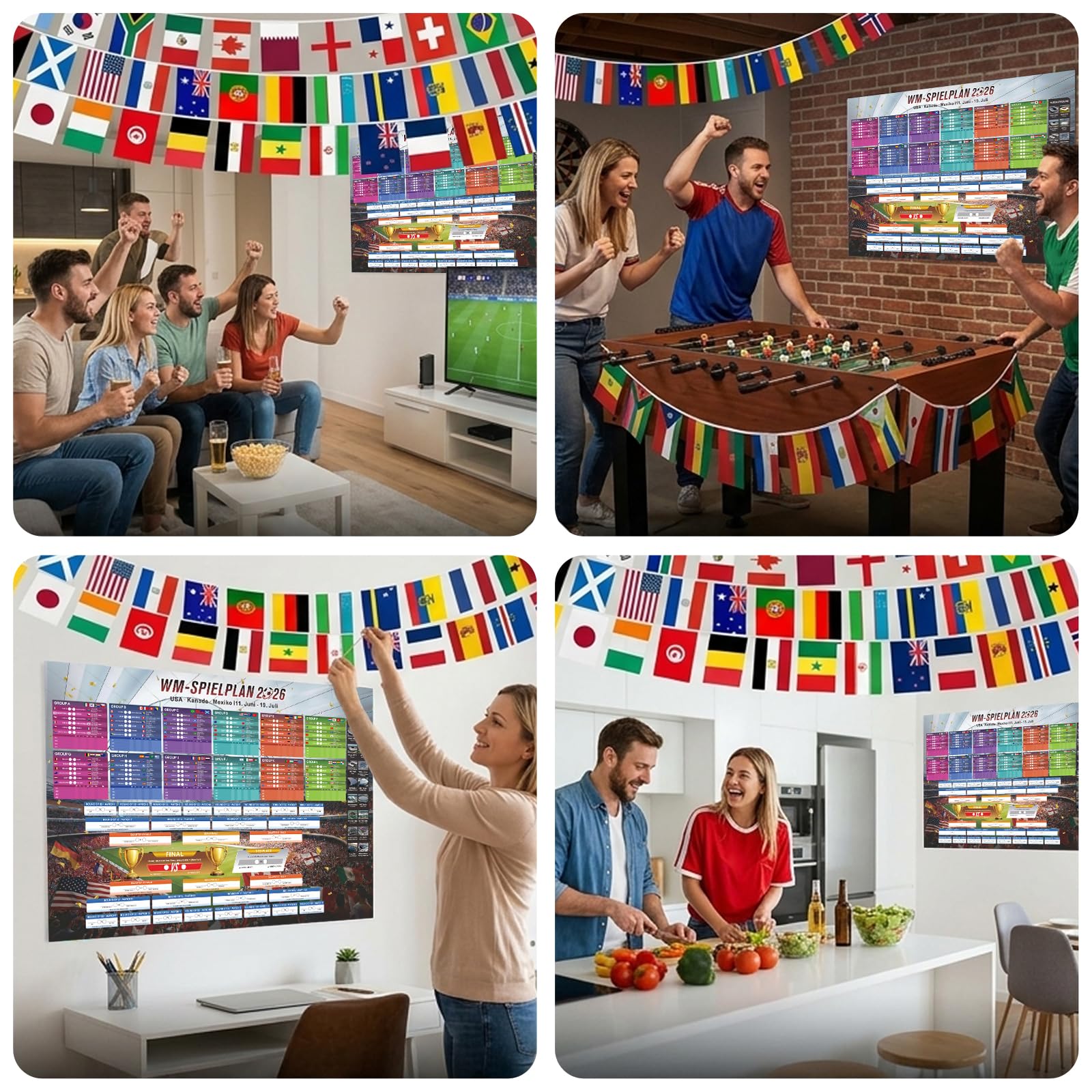Calendario dei mondiali 2026, articolo per tifosi, set da 49 pezzi con bandierine lunghe 15 m con 48 bandiere nazionali e poster da parete da 70 x 100 cm, decorazione per eventi di calcio