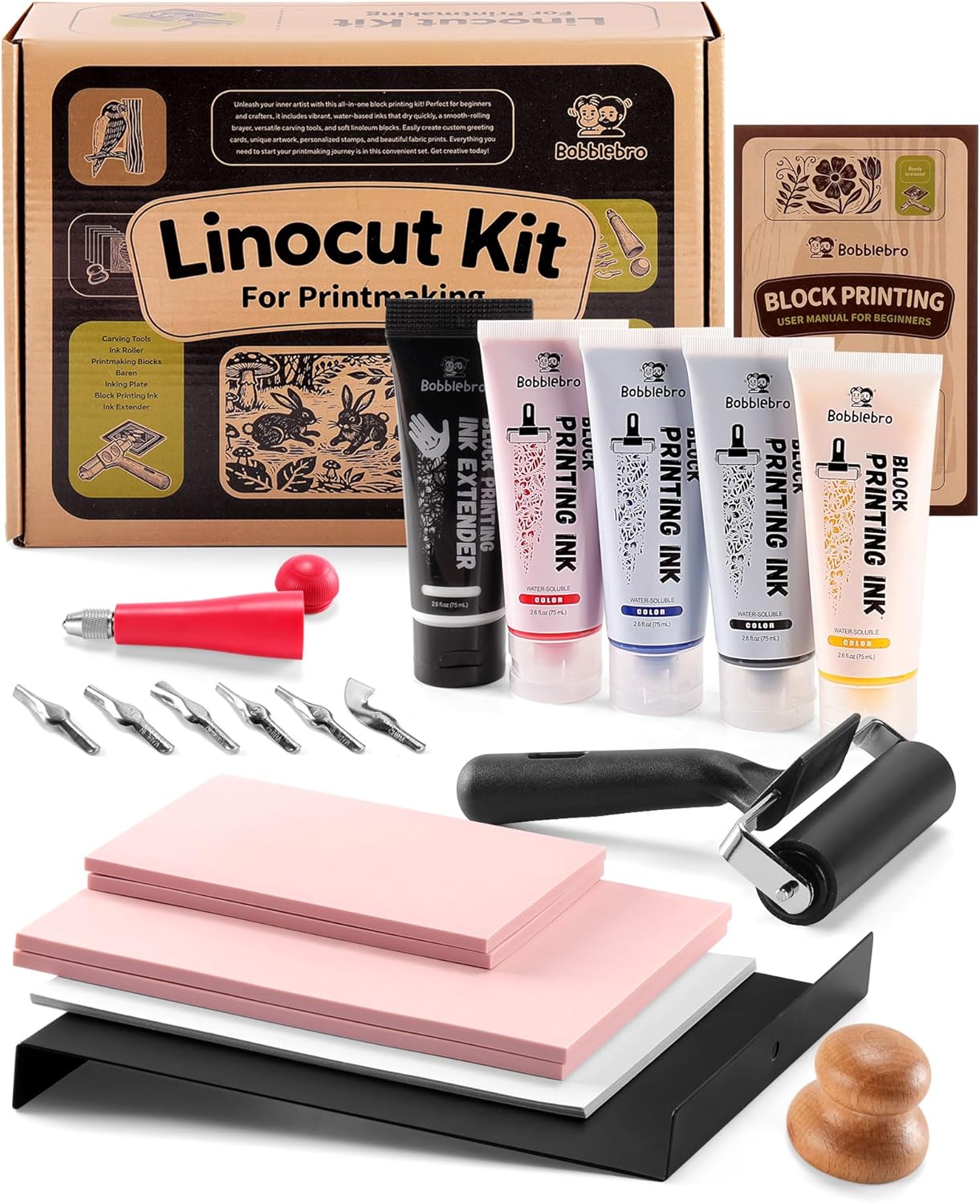 Bobblebro Linoleum Blocks for Printmaking, Stamp Making Carving Linocut Kit for Kids DIY Gift, Rubber Stamp Carving Screen Printing Kit with 4 Colors Block Printing Ink, Rubber Block, Linocut Tools